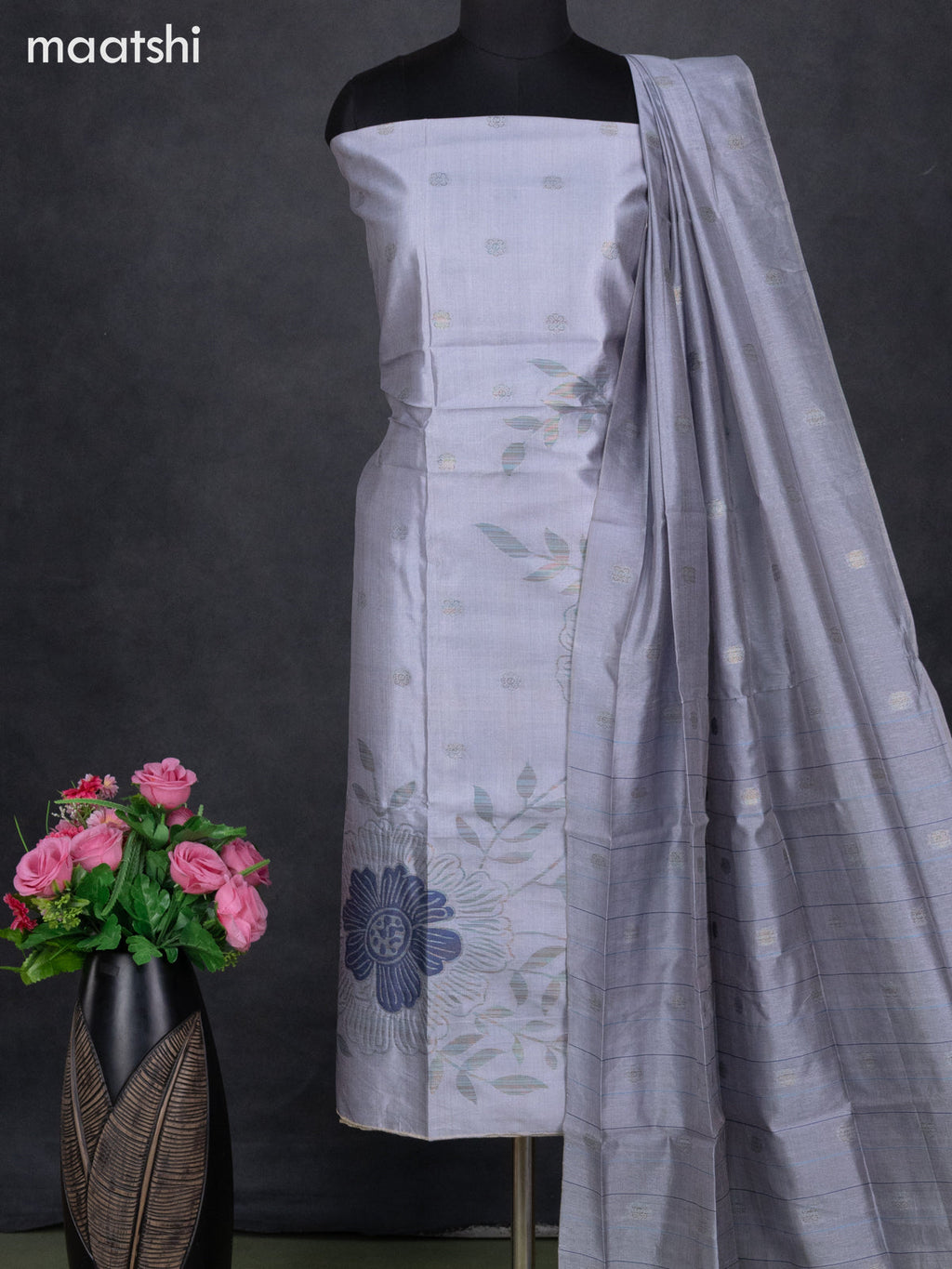 Semi tussar dress material pastel violet with thread & zari woven floral weaves and bottom & dupatta