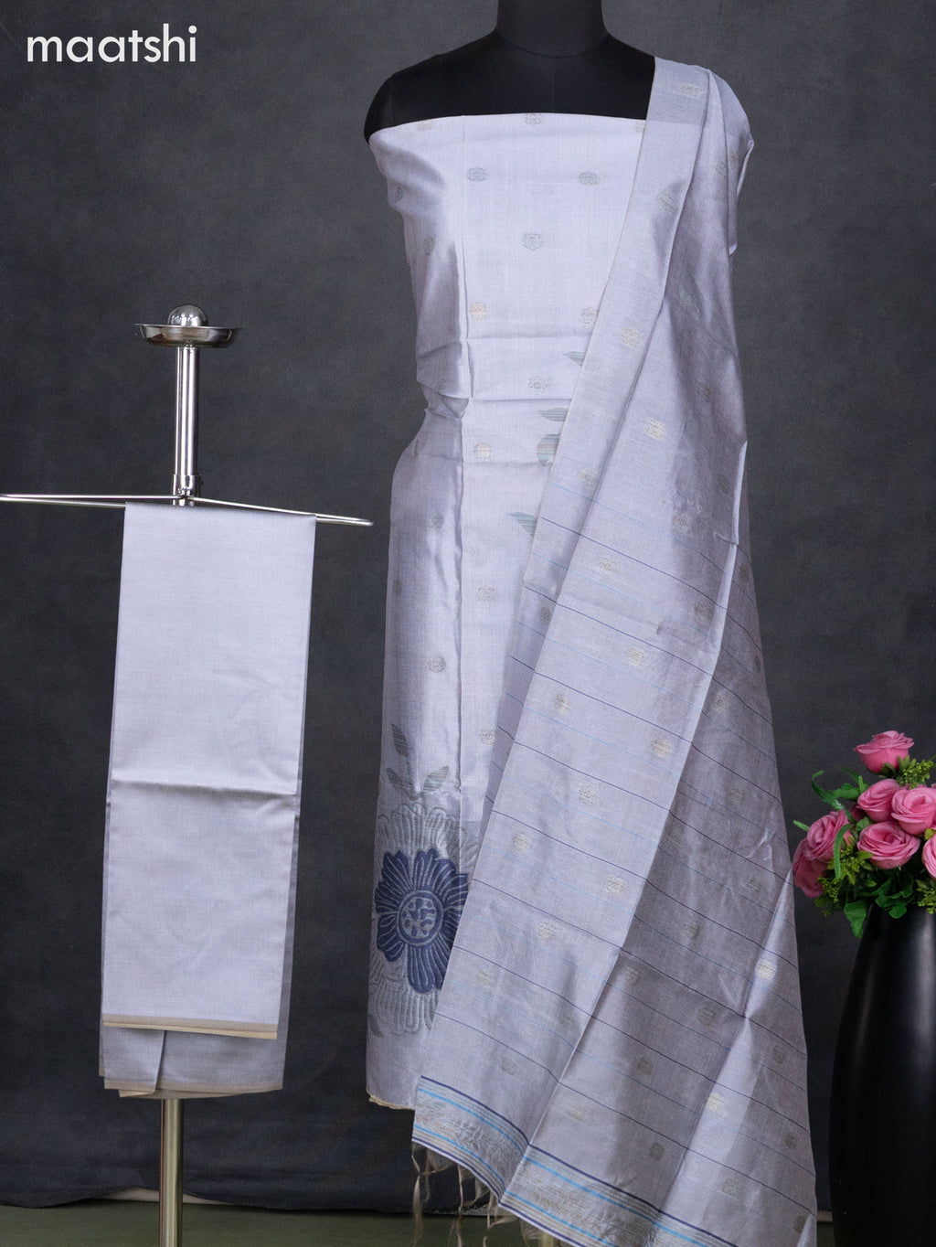 Semi tussar dress material pastel violet with thread & zari woven floral weaves and bottom & dupatta