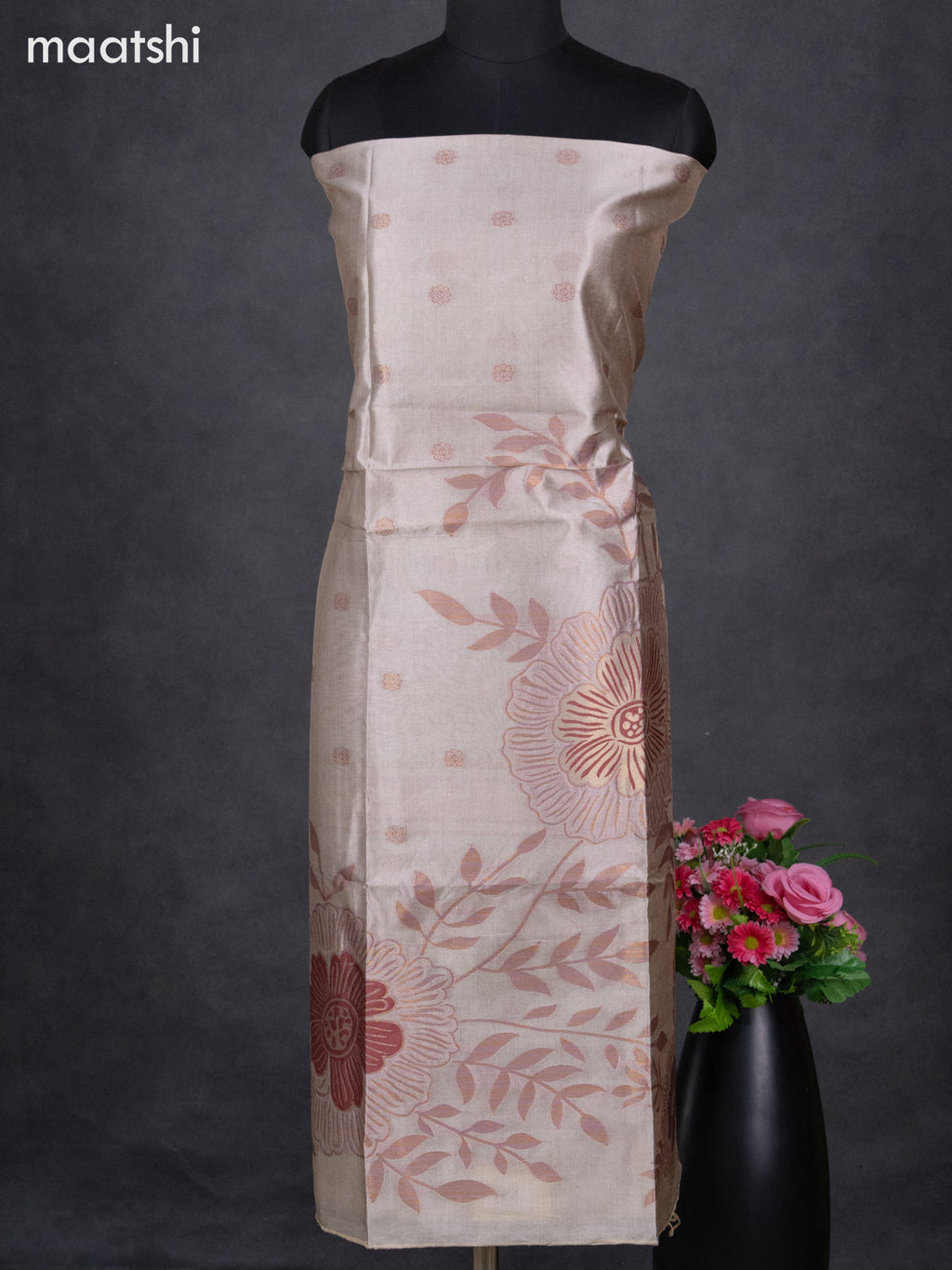 Semi tussar dress material beige with thread & zari woven floral weaves and bottom & dupatta