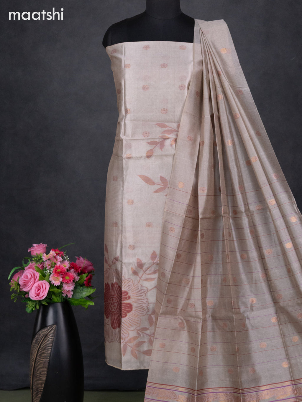 Semi tussar dress material beige with thread & zari woven floral weaves and bottom & dupatta