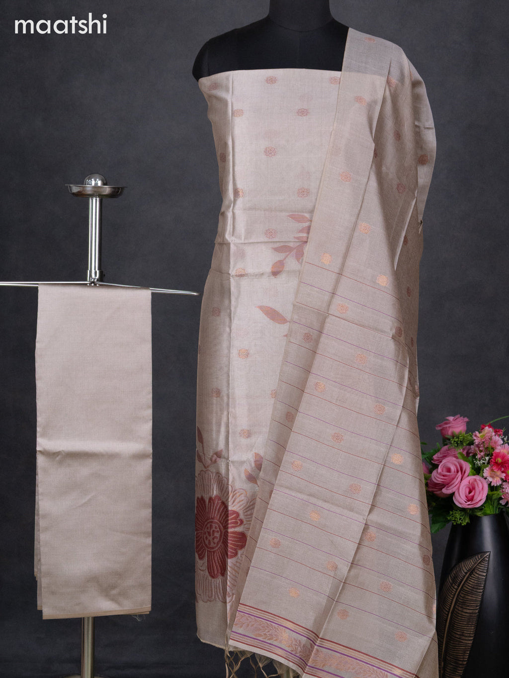 Semi tussar dress material beige with thread & zari woven floral weaves and bottom & dupatta