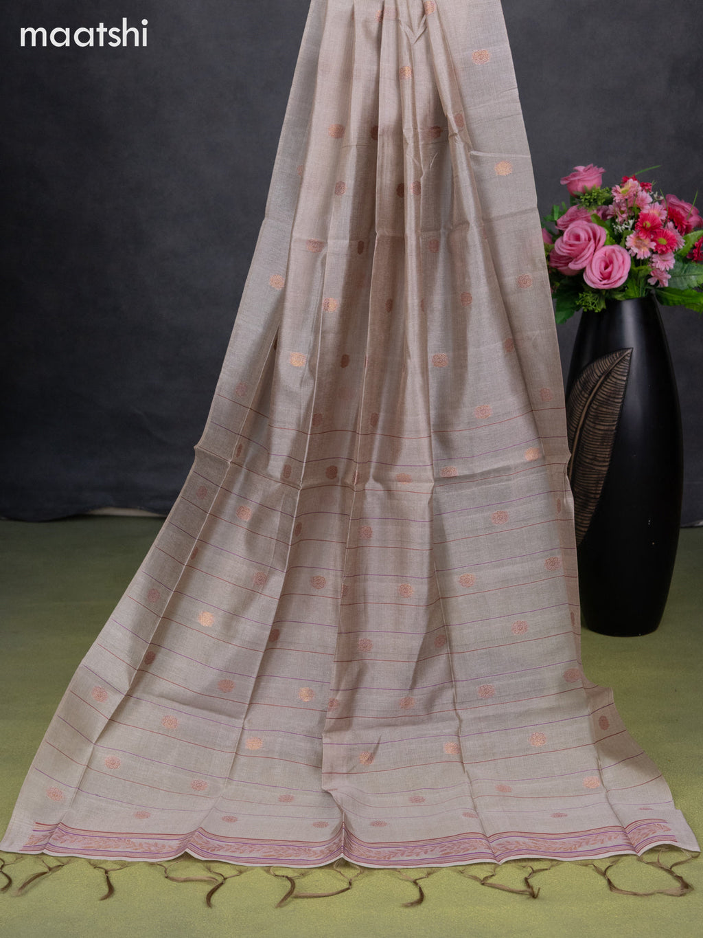Semi tussar dress material beige with thread & zari woven floral weaves and bottom & dupatta