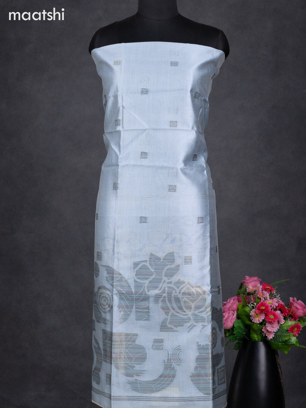Semi tussar dress material pastel blue with thread & zari woven geometric buttas and bottom & dupatta
