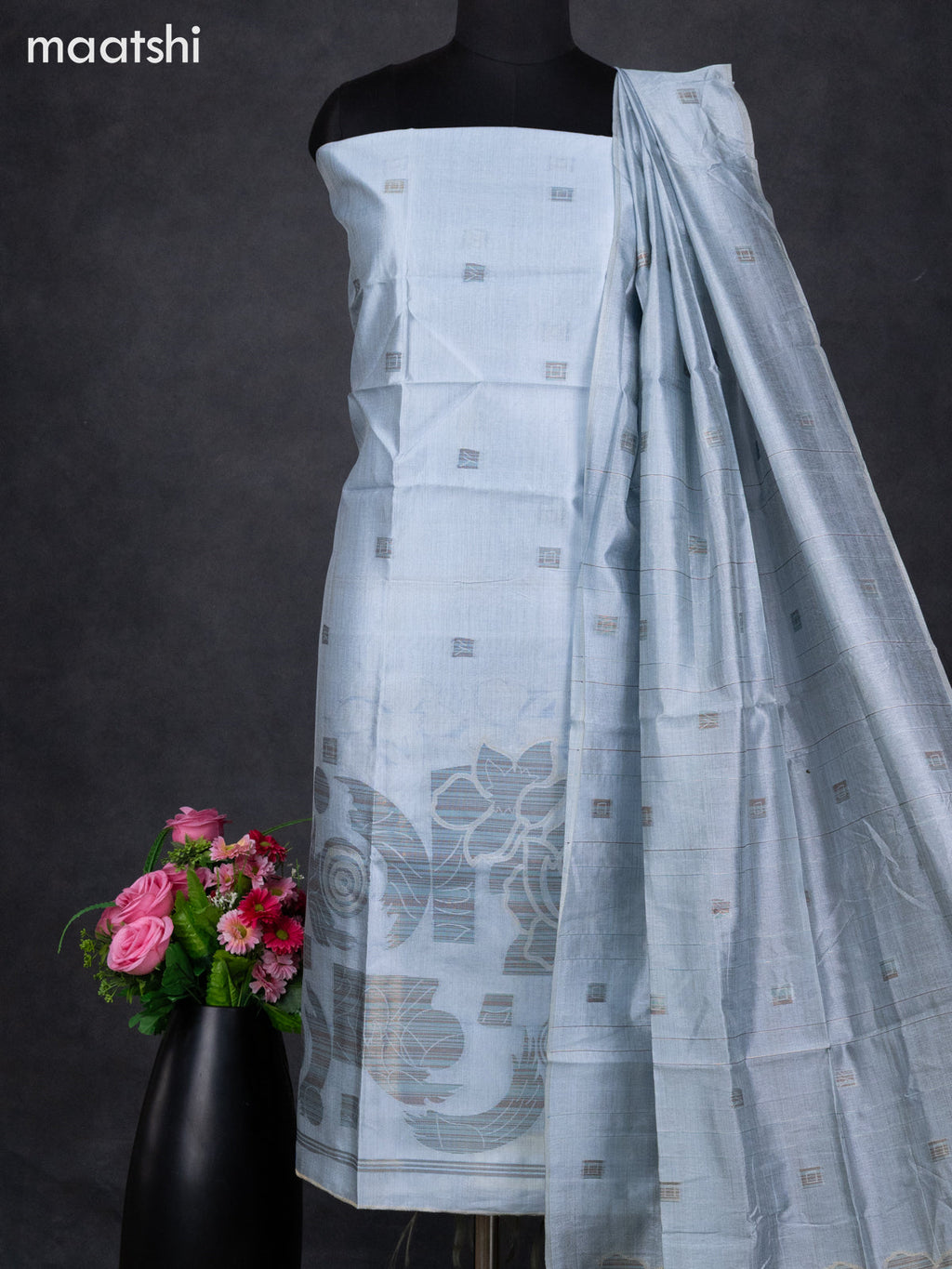 Semi tussar dress material pastel blue with thread & zari woven geometric buttas and bottom & dupatta