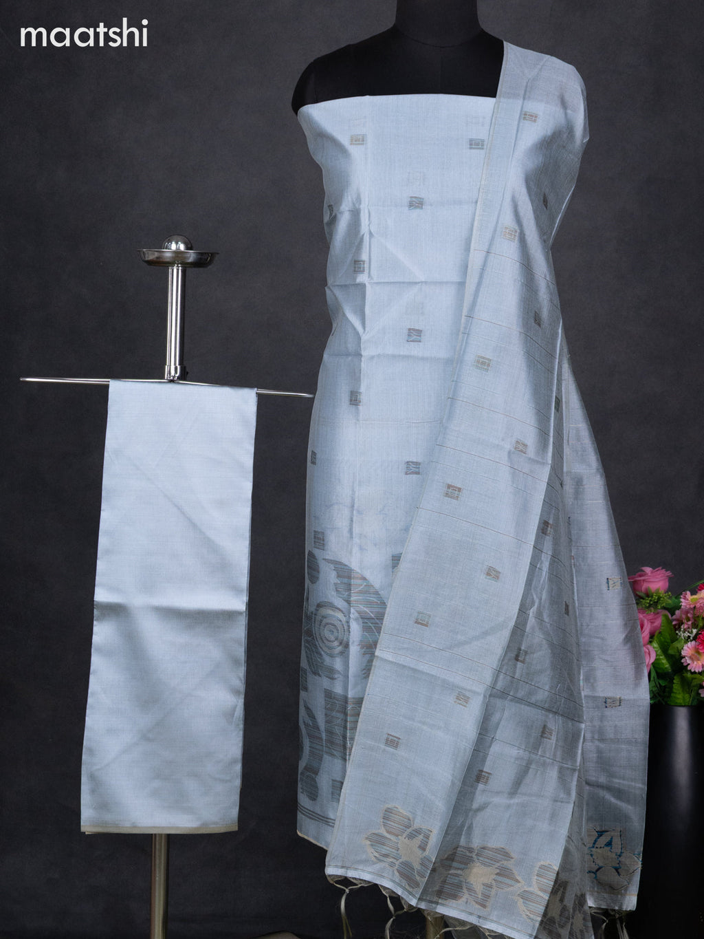 Semi tussar dress material pastel blue with thread & zari woven geometric buttas and bottom & dupatta