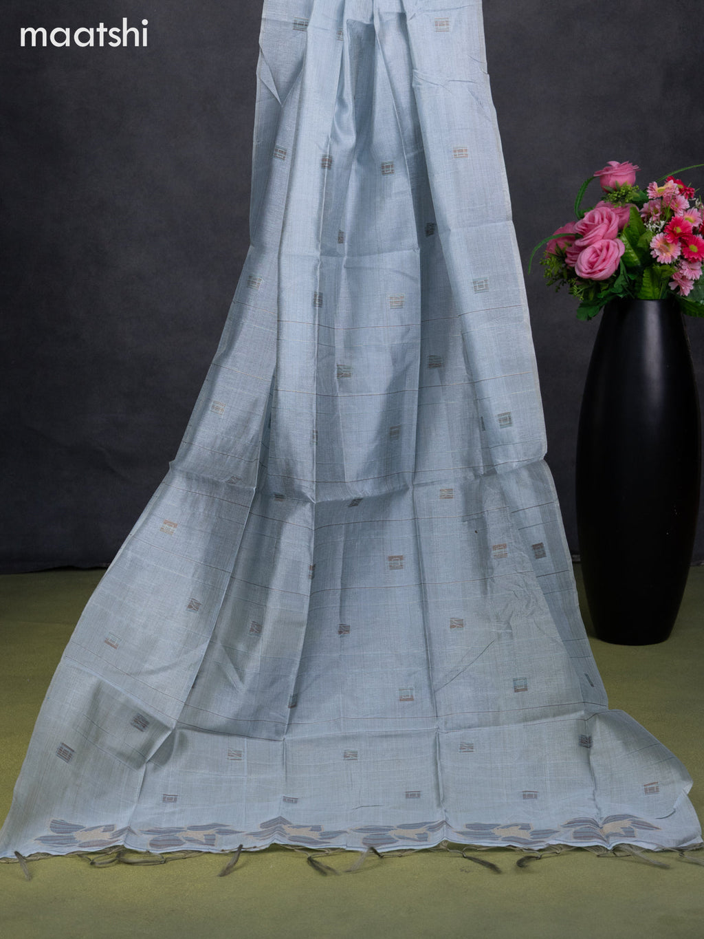 Semi tussar dress material pastel blue with thread & zari woven geometric buttas and bottom & dupatta