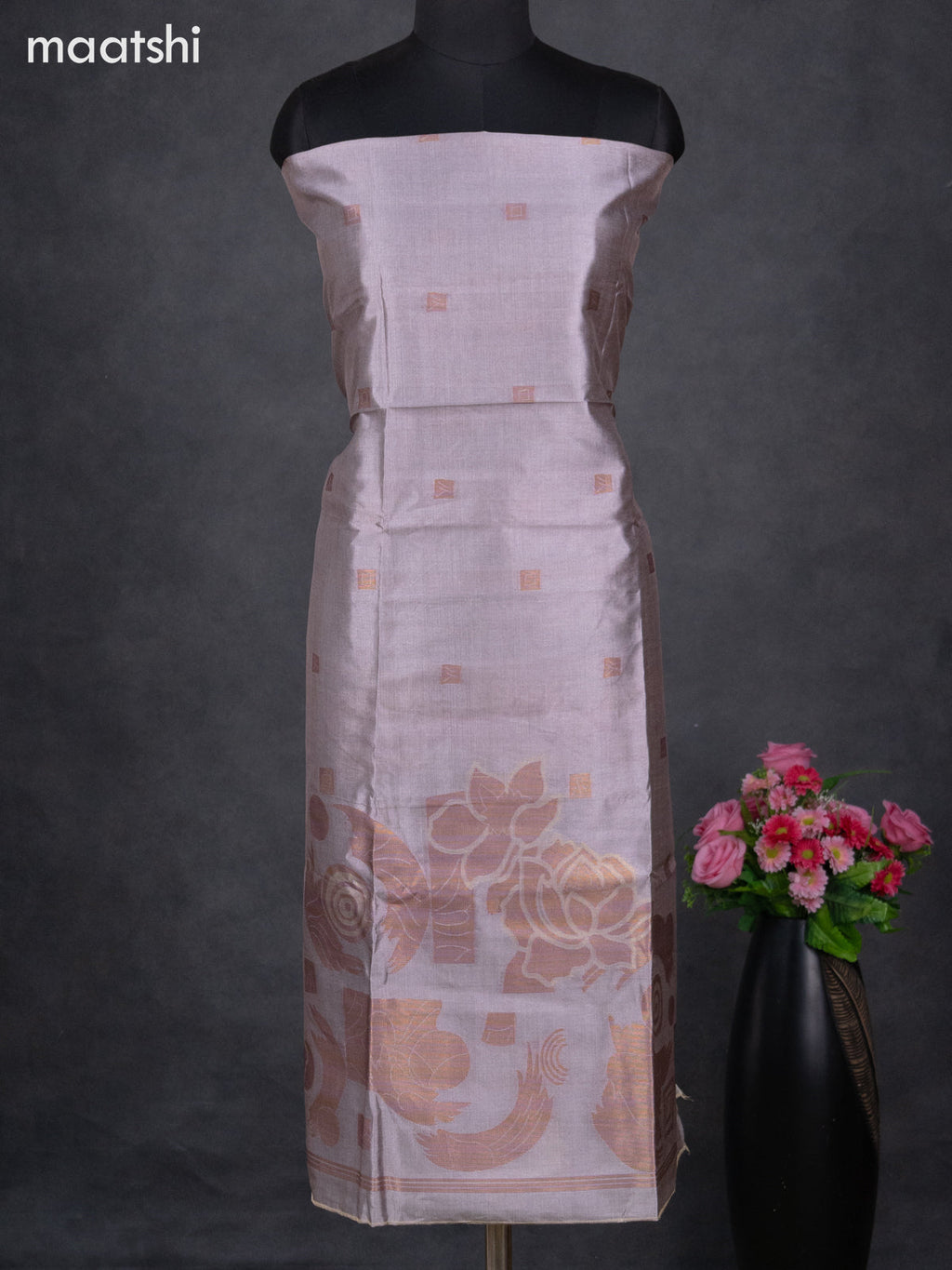 Semi tussar dress material pastel purple shade with thread & zari woven geometric buttas and bottom & dupatta