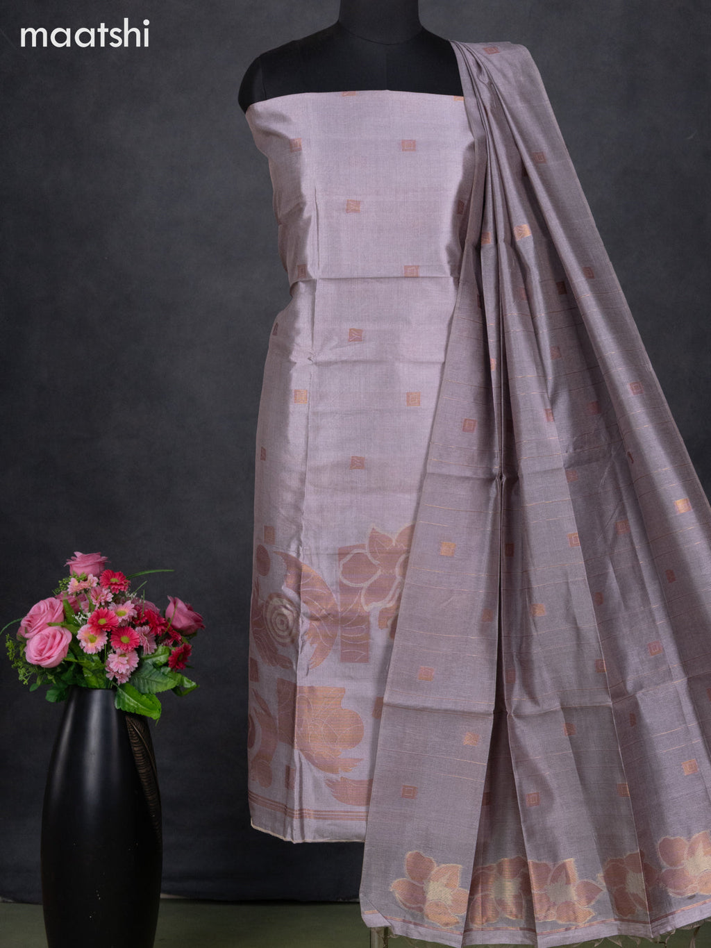 Semi tussar dress material pastel purple shade with thread & zari woven geometric buttas and bottom & dupatta