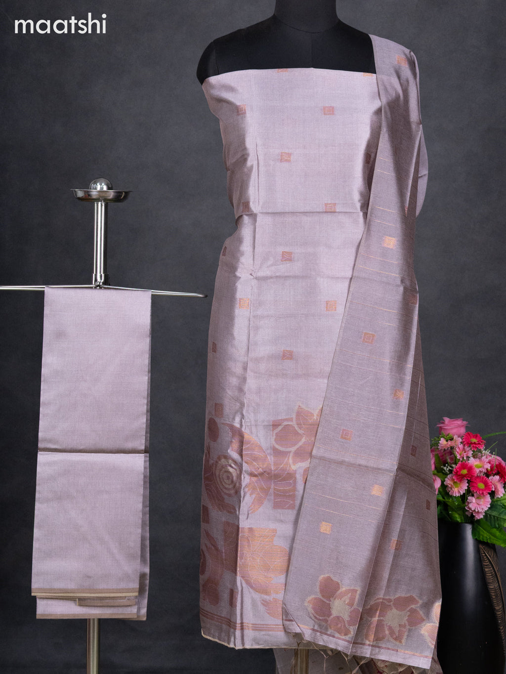 Semi tussar dress material pastel purple shade with thread & zari woven geometric buttas and bottom & dupatta