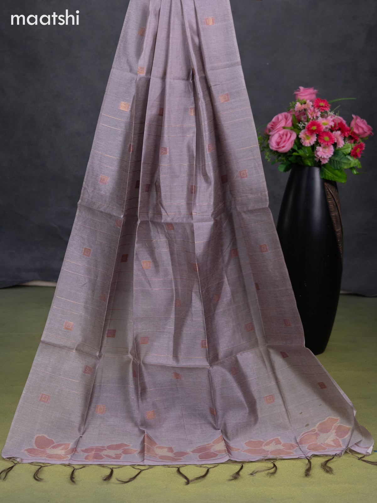 Semi tussar dress material pastel purple shade with thread & zari woven geometric buttas and bottom & dupatta