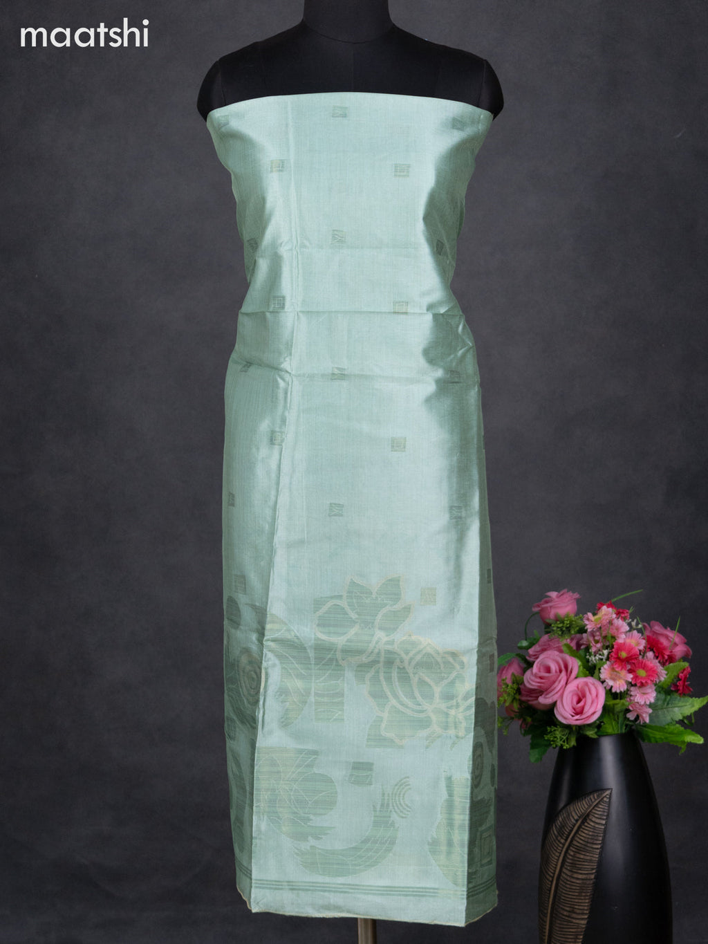 Semi tussar dress material teal shade with thread & zari woven geometric buttas and bottom & dupatta