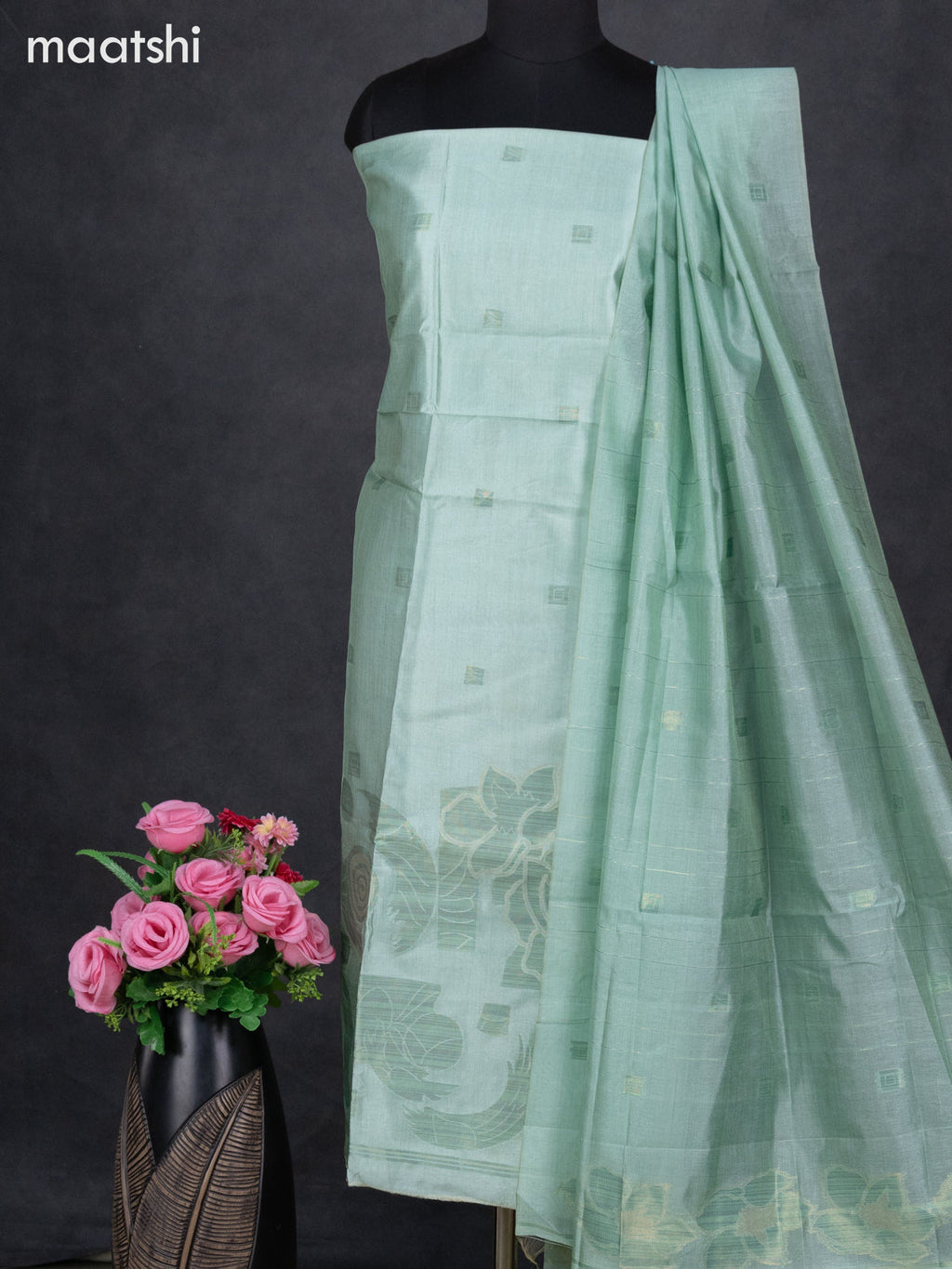 Semi tussar dress material teal shade with thread & zari woven geometric buttas and bottom & dupatta