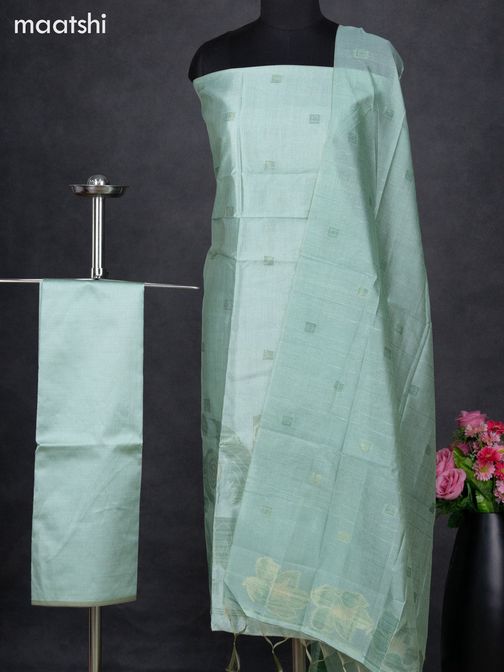 Semi tussar dress material teal shade with thread & zari woven geometric buttas and bottom & dupatta