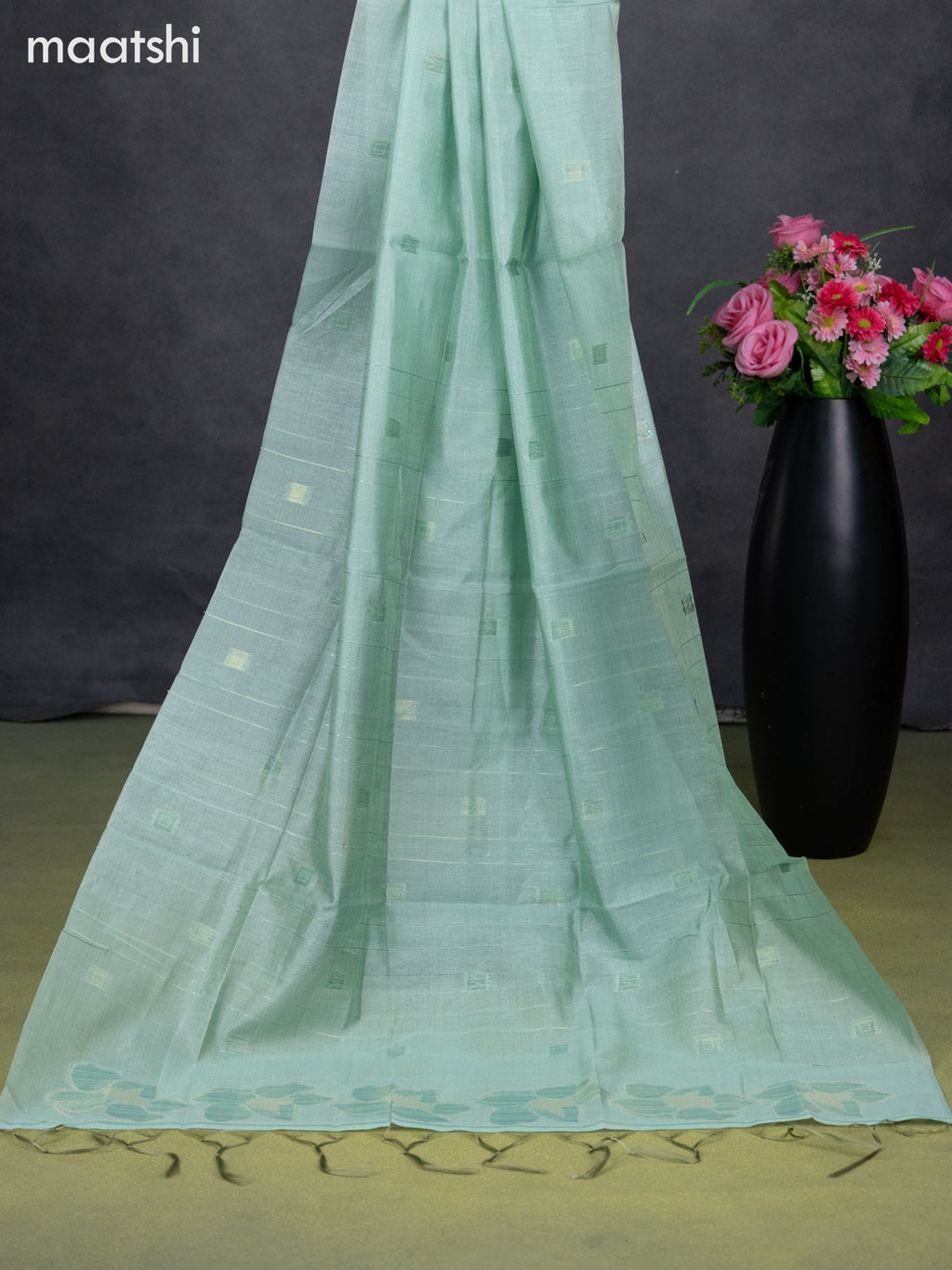 Semi tussar dress material teal shade with thread & zari woven geometric buttas and bottom & dupatta