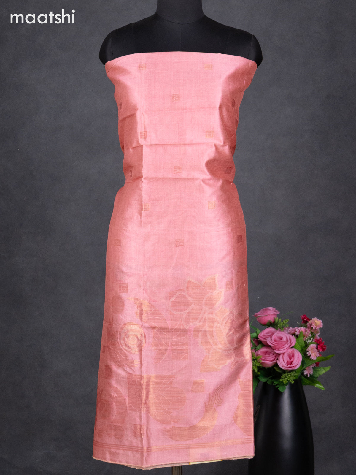 Semi tussar dress material peach shade with thread & zari woven geometric buttas and bottom & dupatta