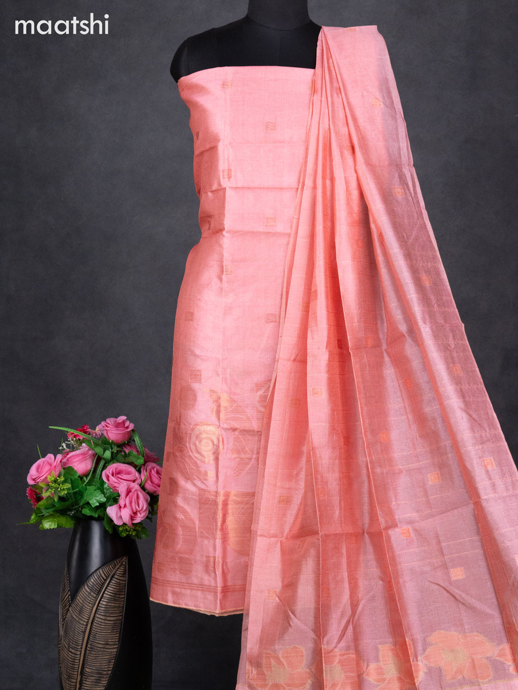 Semi tussar dress material peach shade with thread & zari woven geometric buttas and bottom & dupatta