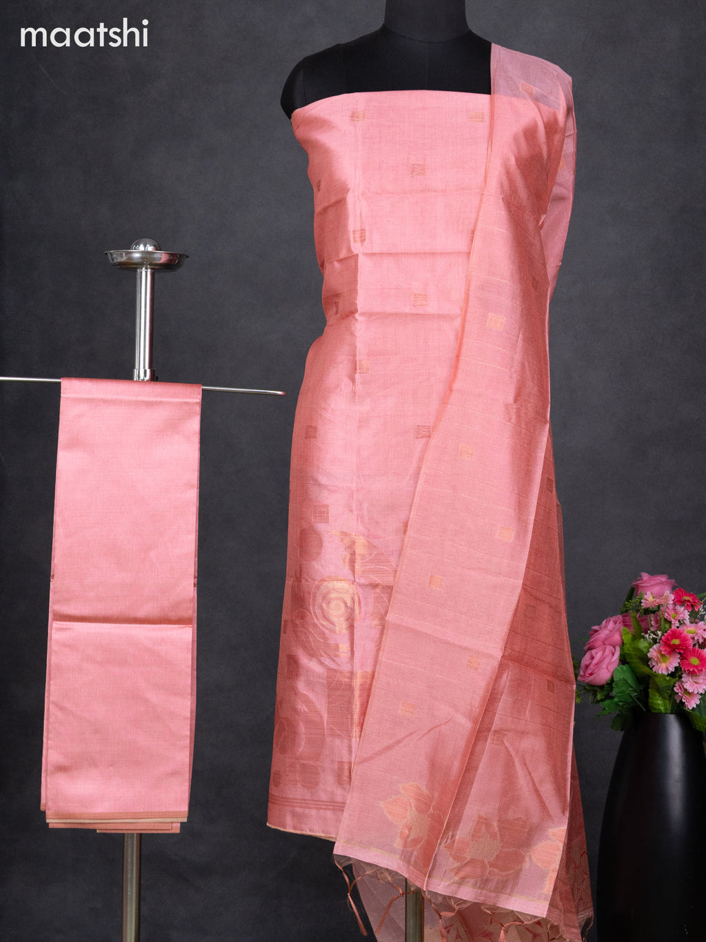 Semi tussar dress material peach shade with thread & zari woven geometric buttas and bottom & dupatta