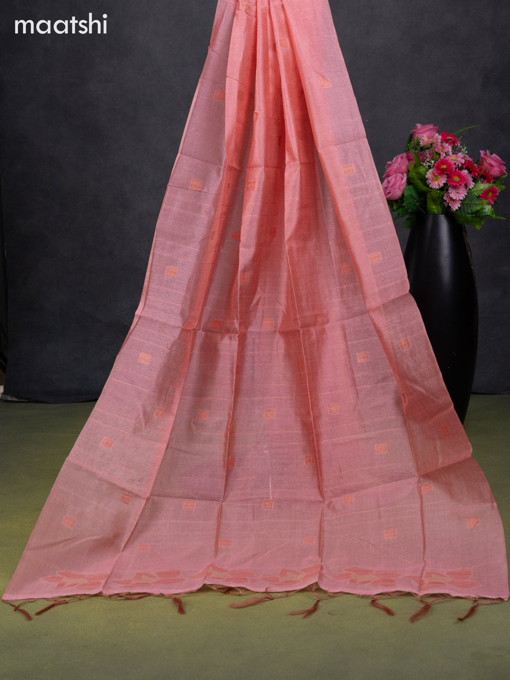 Semi tussar dress material peach shade with thread & zari woven geometric buttas and bottom & dupatta