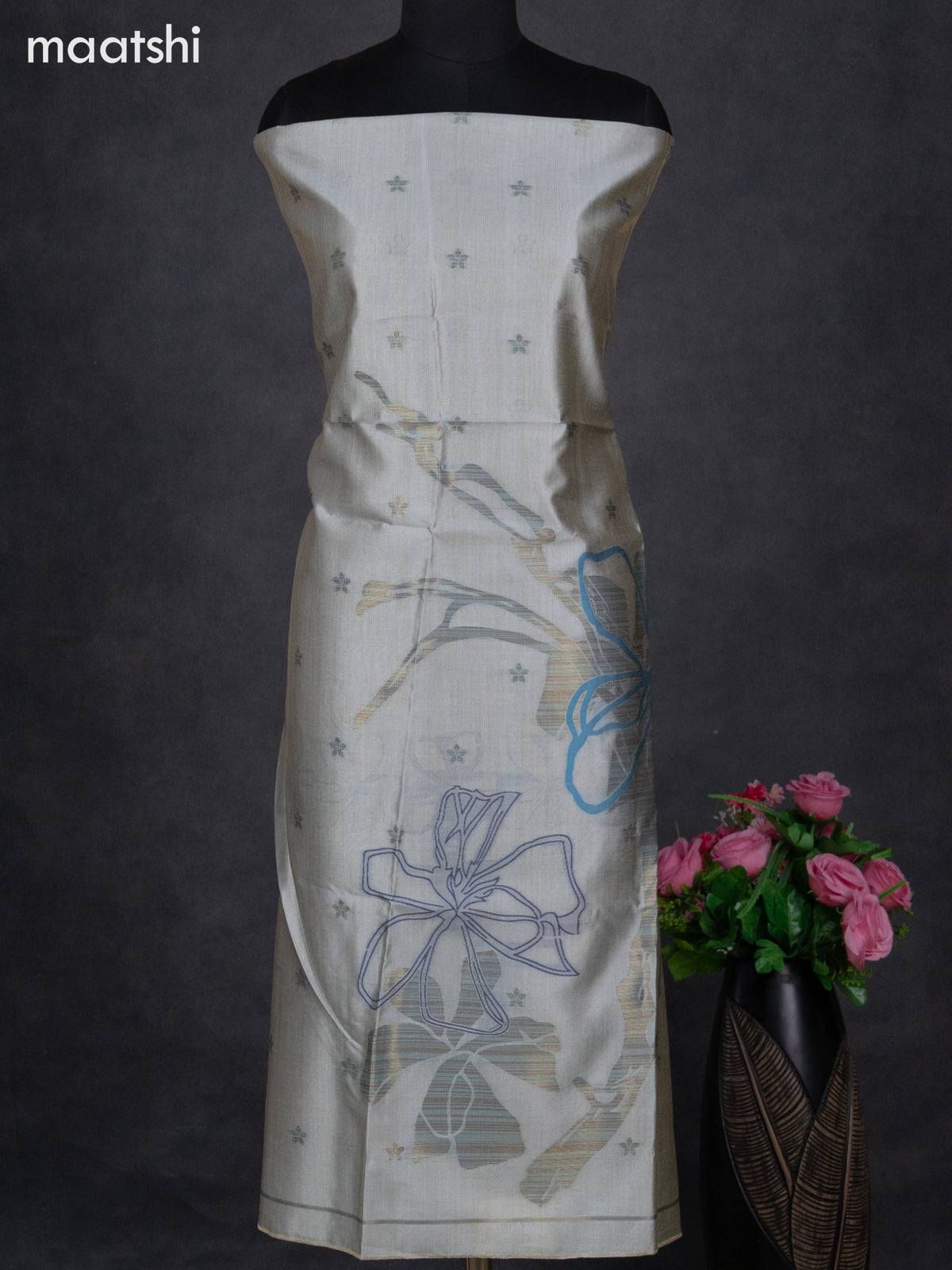 Semi tussar dress material pastel grey with thread & zari woven geometric buttas and bottom & dupatta