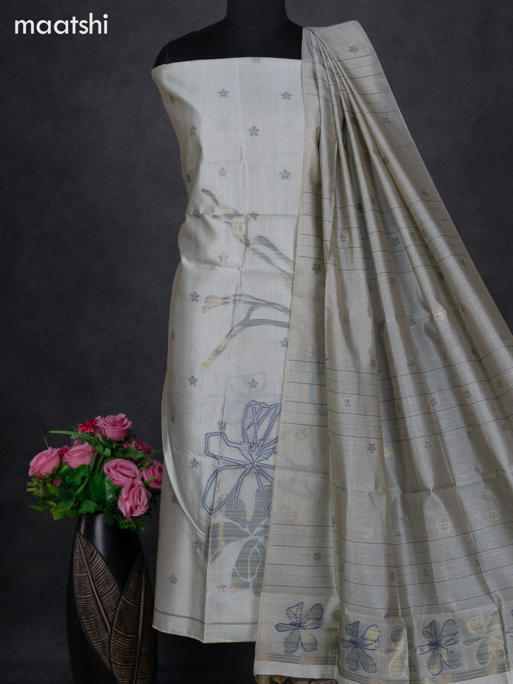 Semi tussar dress material pastel grey with thread & zari woven geometric buttas and bottom & dupatta