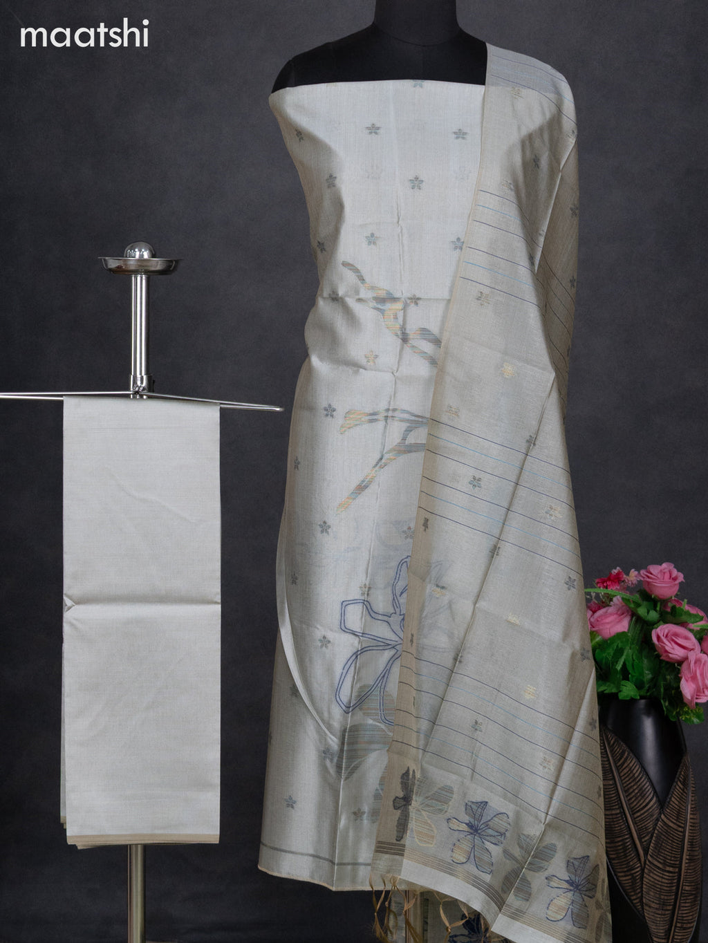 Semi tussar dress material pastel grey with thread & zari woven geometric buttas and bottom & dupatta