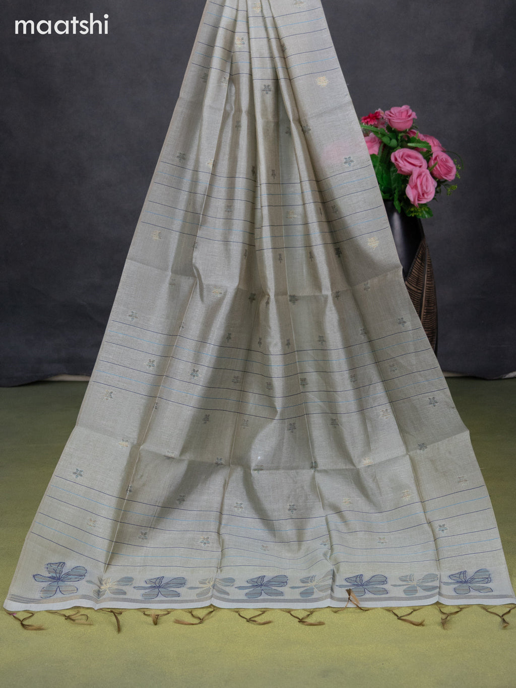 Semi tussar dress material pastel grey with thread & zari woven geometric buttas and bottom & dupatta