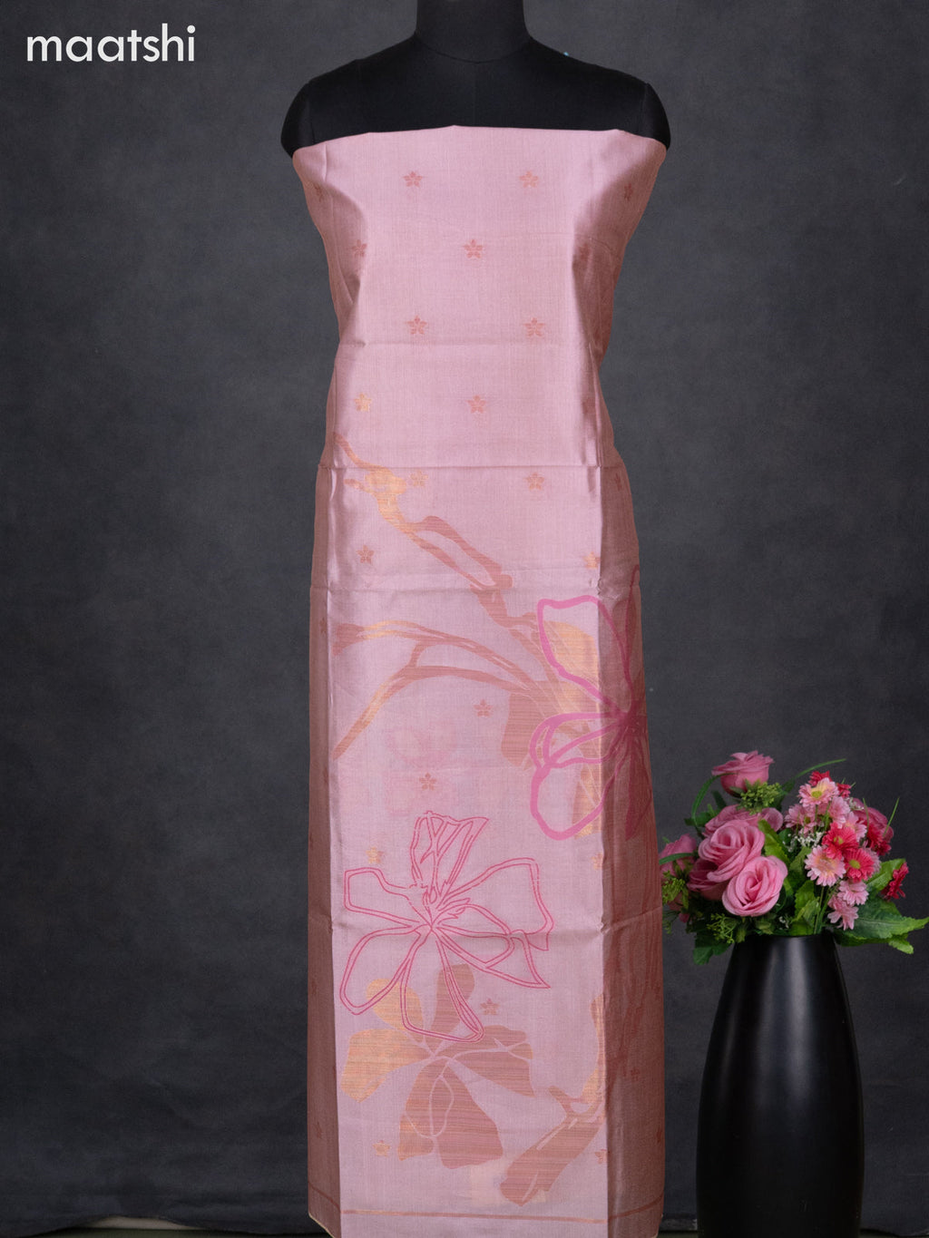 Semi tussar dress material peach pink with thread & zari woven floral buttas and bottom & dupatta