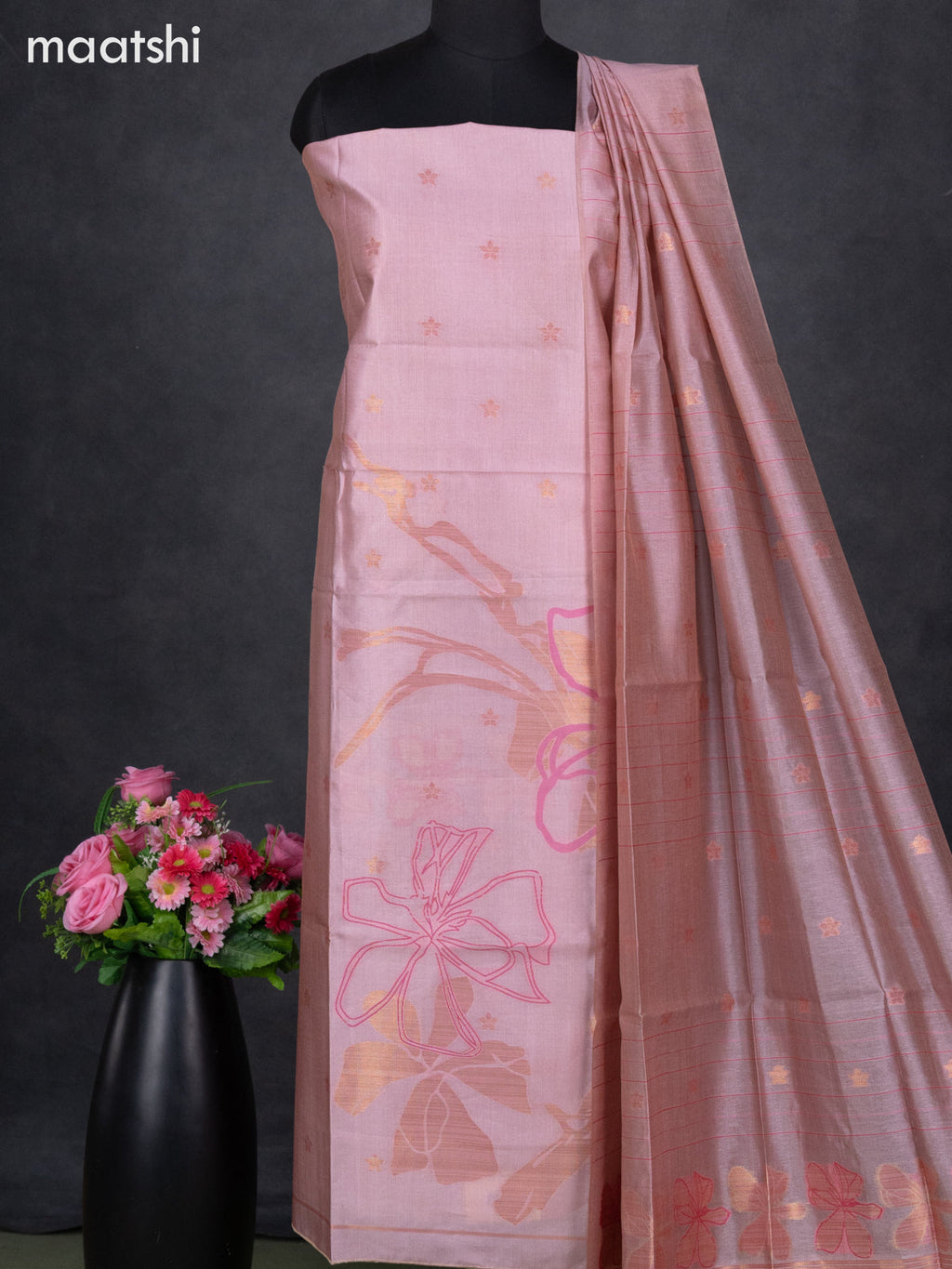 Semi tussar dress material peach pink with thread & zari woven floral buttas and bottom & dupatta