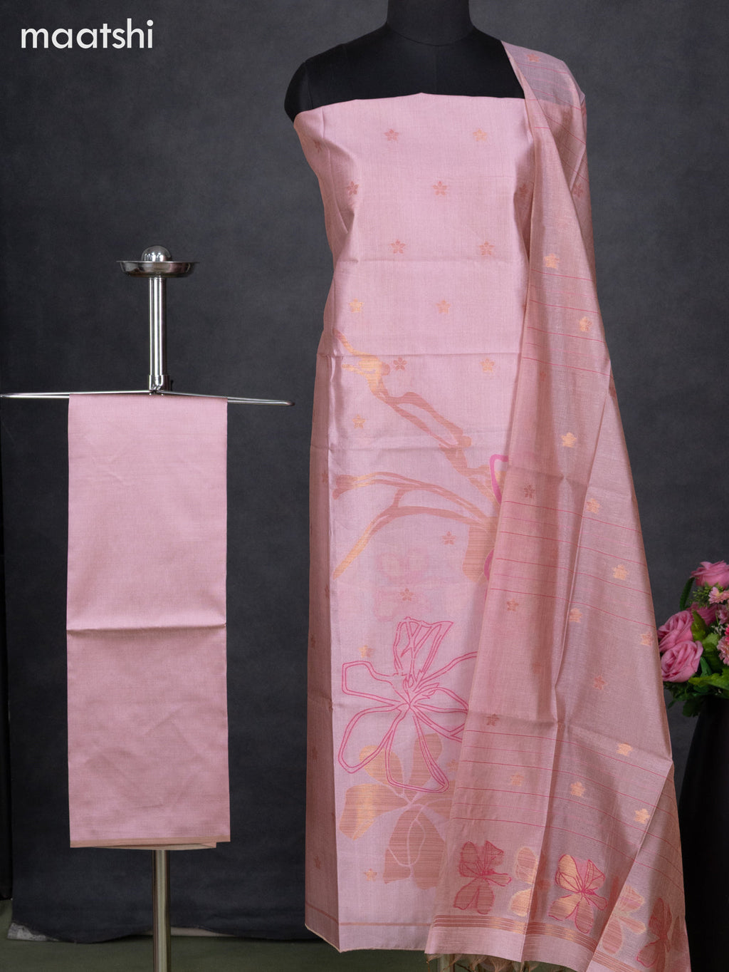 Semi tussar dress material peach pink with thread & zari woven floral buttas and bottom & dupatta