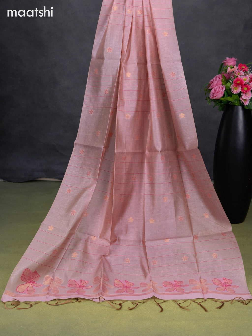 Semi tussar dress material peach pink with thread & zari woven floral buttas and bottom & dupatta