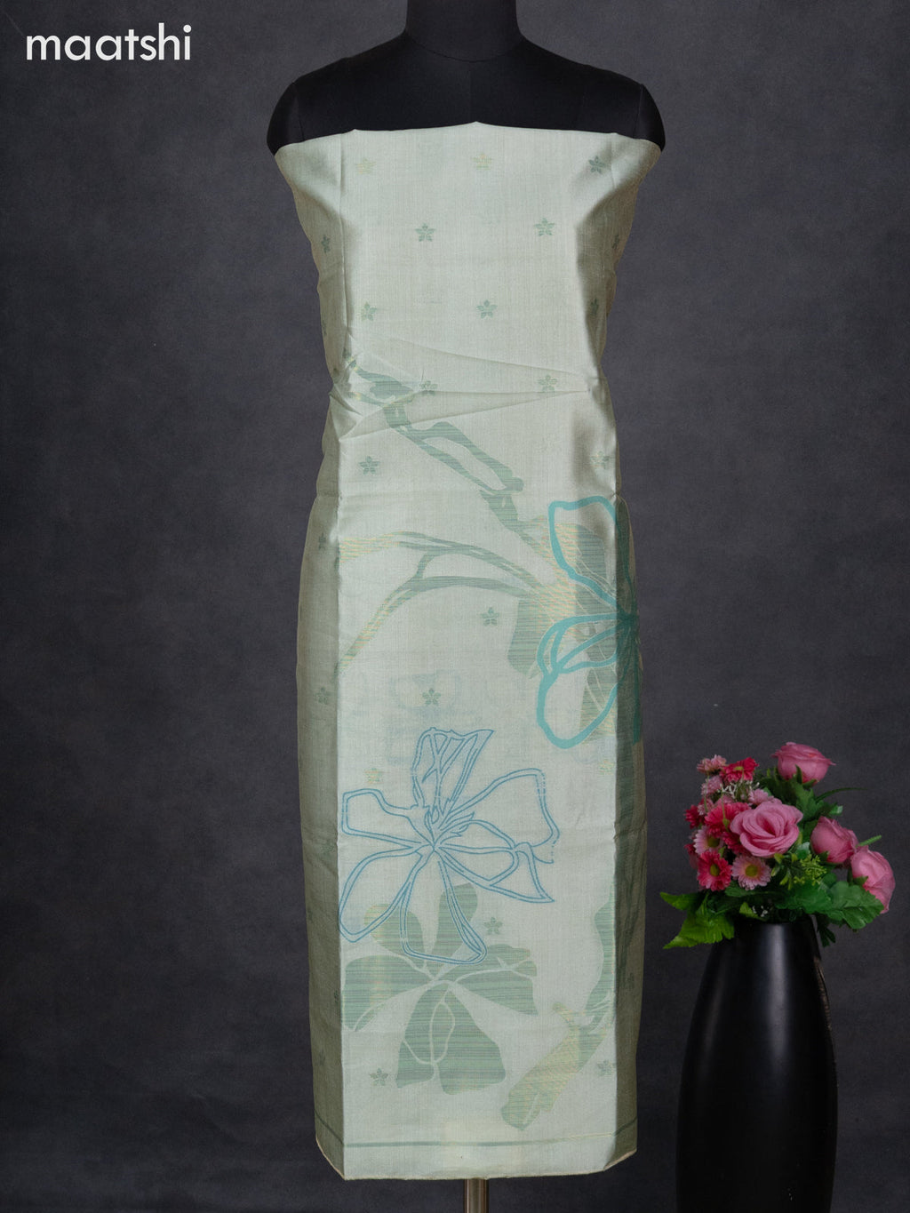 Semi tussar dress material pastel green shade with thread & zari woven floral buttas and bottom & dupatta