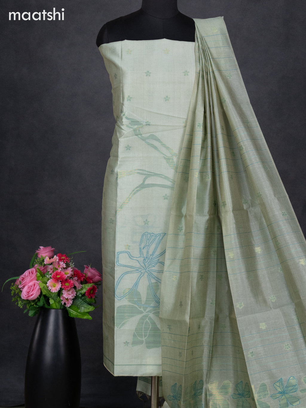 Semi tussar dress material pastel green shade with thread & zari woven floral buttas and bottom & dupatta