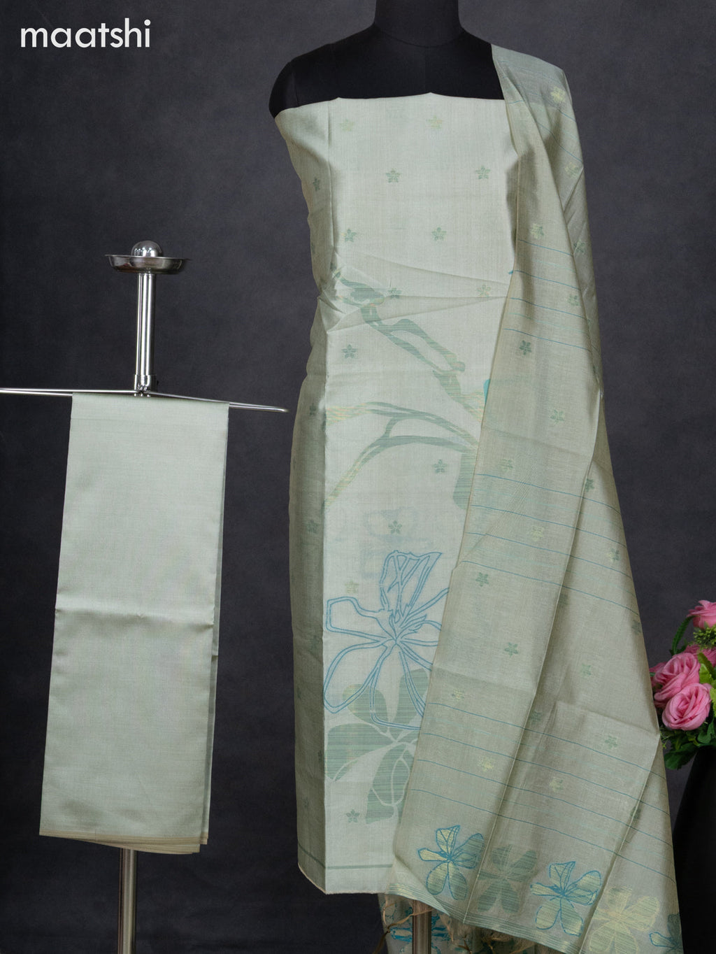 Semi tussar dress material pastel green shade with thread & zari woven floral buttas and bottom & dupatta