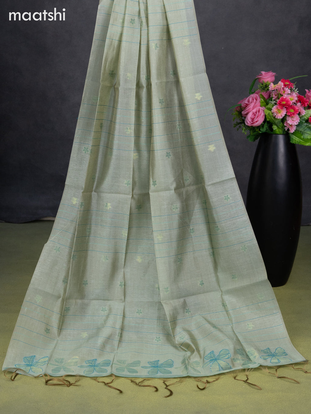 Semi tussar dress material pastel green shade with thread & zari woven floral buttas and bottom & dupatta