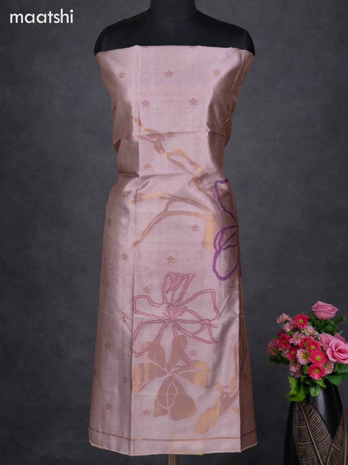 Semi tussar dress material pastel pink with thread & zari woven floral buttas and bottom & dupatta