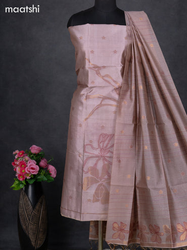 Semi tussar dress material pastel pink with thread & zari woven floral buttas and bottom & dupatta