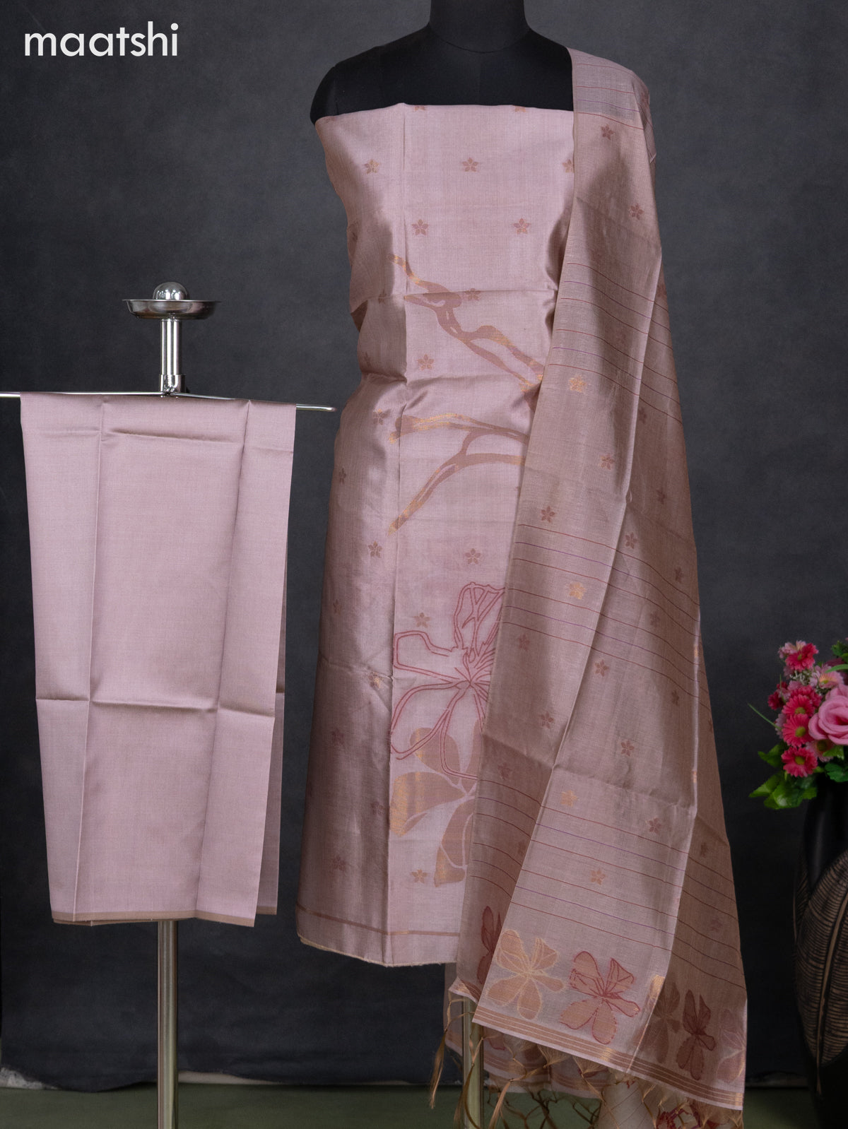 Semi tussar dress material pastel pink with thread & zari woven floral buttas and bottom & dupatta