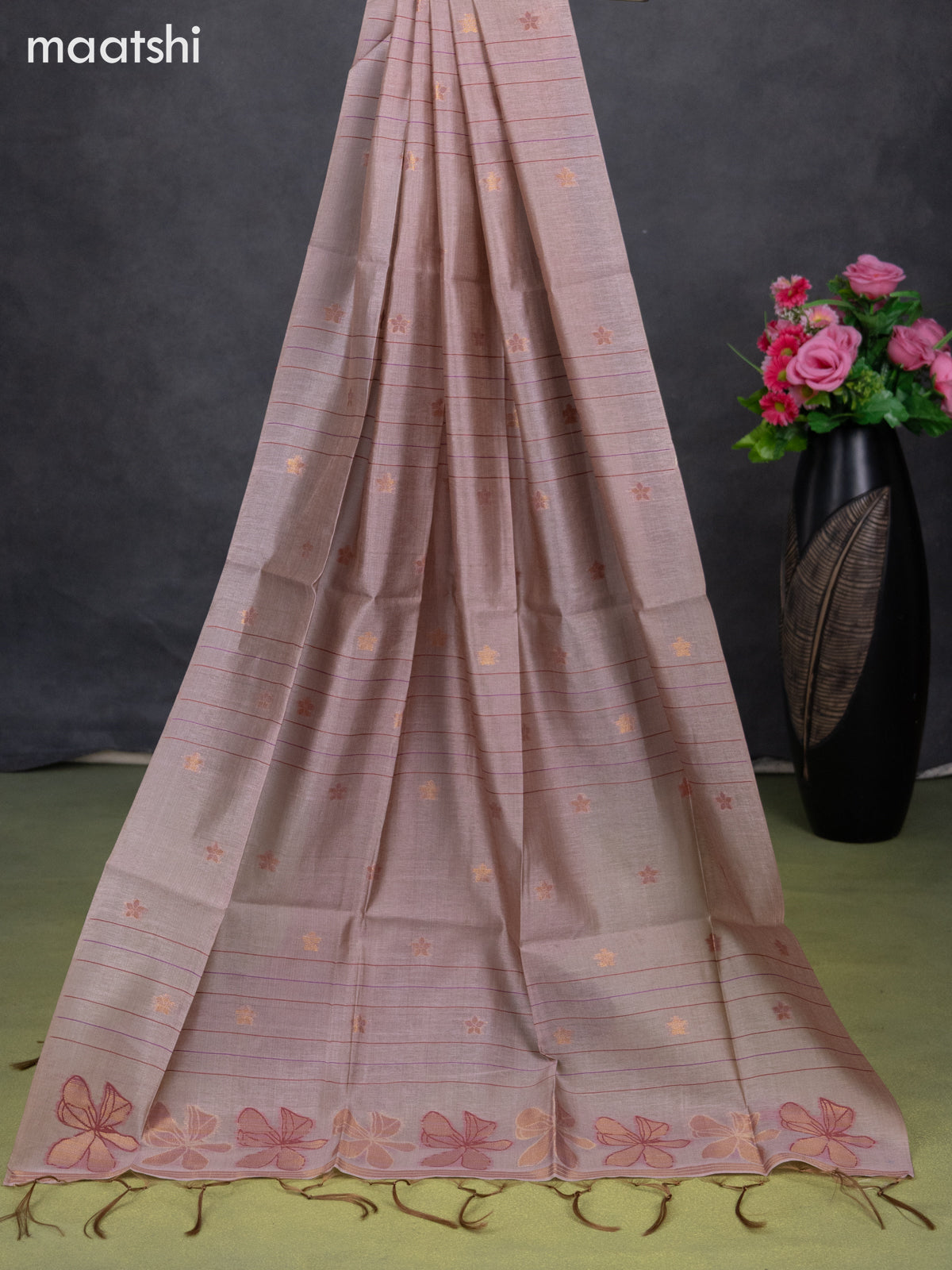 Semi tussar dress material pastel pink with thread & zari woven floral buttas and bottom & dupatta