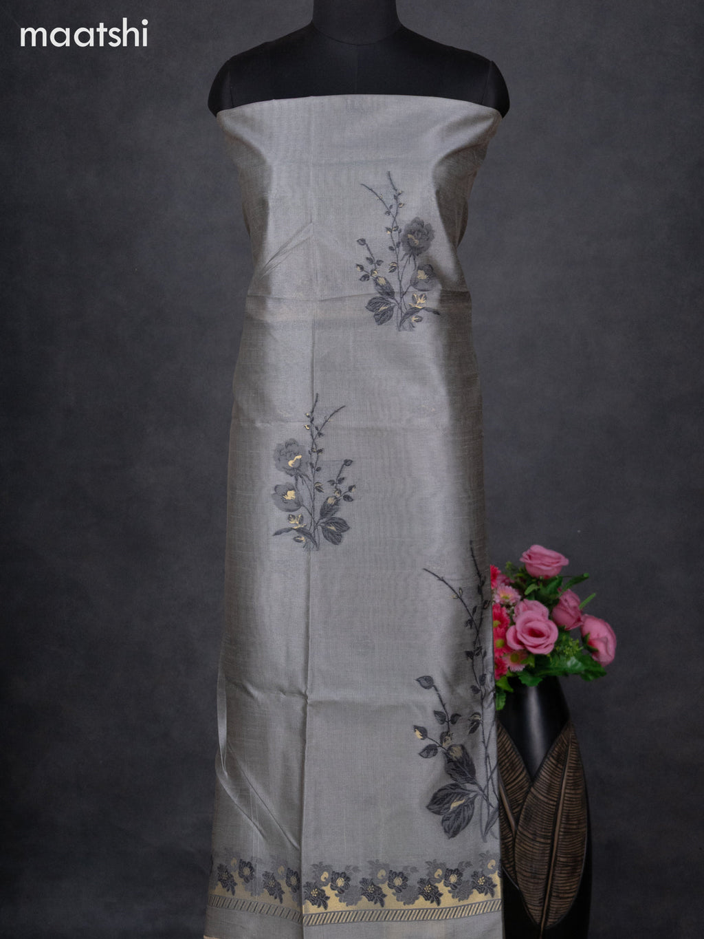 Semi tussar dress material grey with thread & zari woven floral buttas and bottom & dupatta