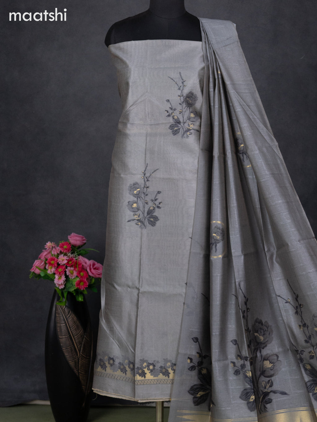 Semi tussar dress material grey with thread & zari woven floral buttas and bottom & dupatta