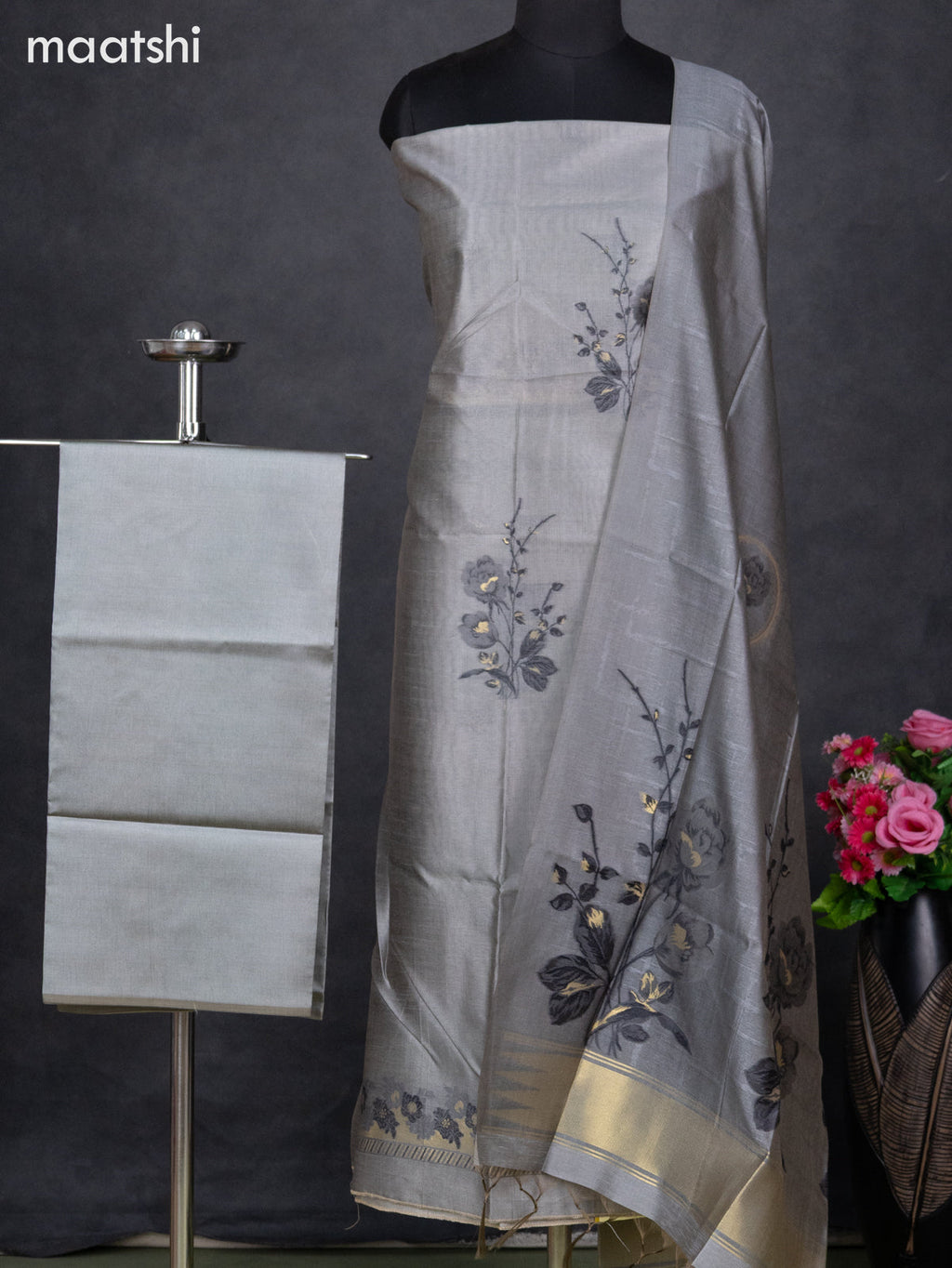 Semi tussar dress material grey with thread & zari woven floral buttas and bottom & dupatta