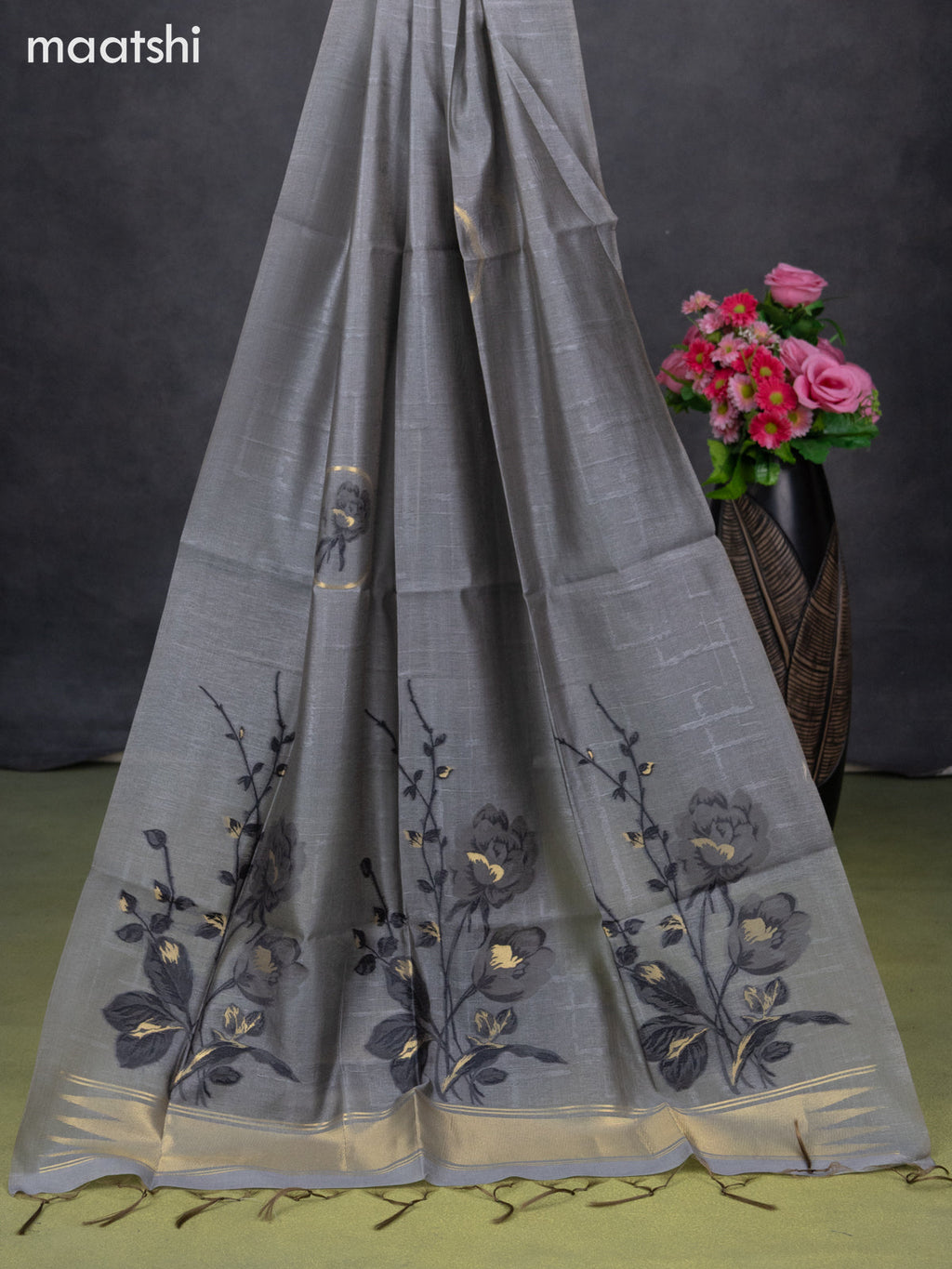 Semi tussar dress material grey with thread & zari woven floral buttas and bottom & dupatta