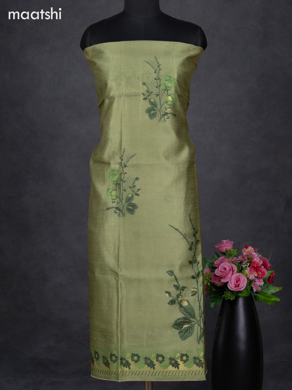 Semi tussar dress material green with thread & zari woven floral buttas and bottom & dupatta