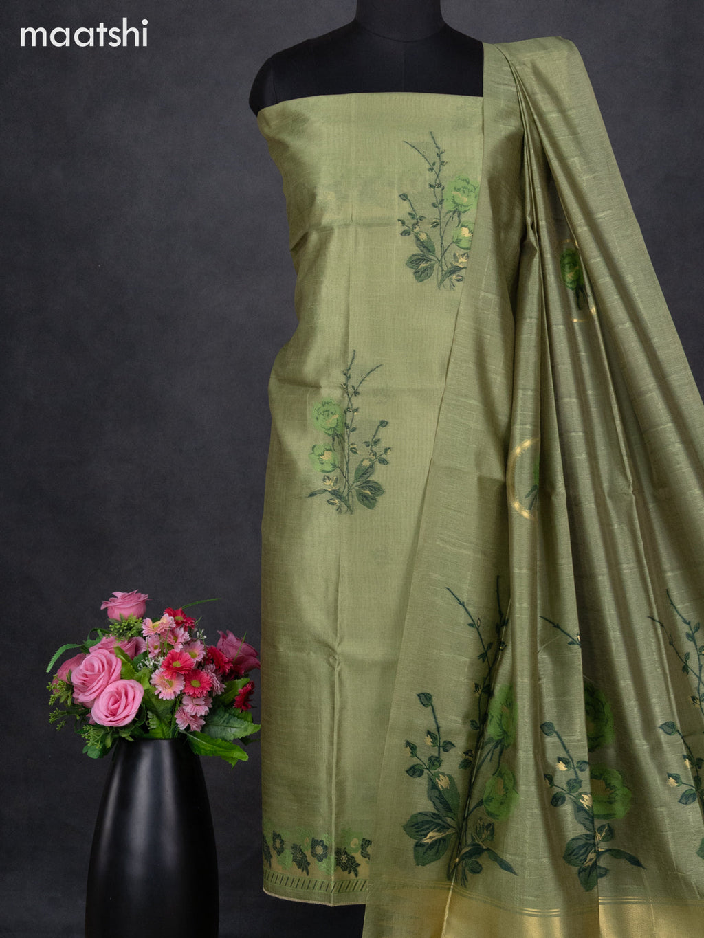 Semi tussar dress material green with thread & zari woven floral buttas and bottom & dupatta