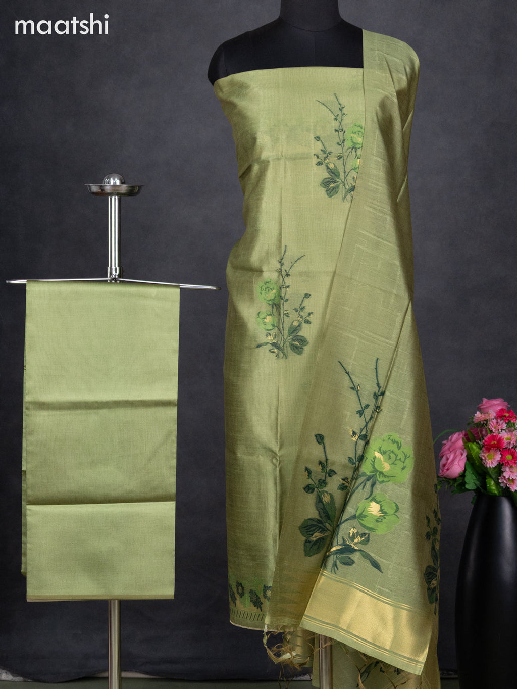 Semi tussar dress material green with thread & zari woven floral buttas and bottom & dupatta