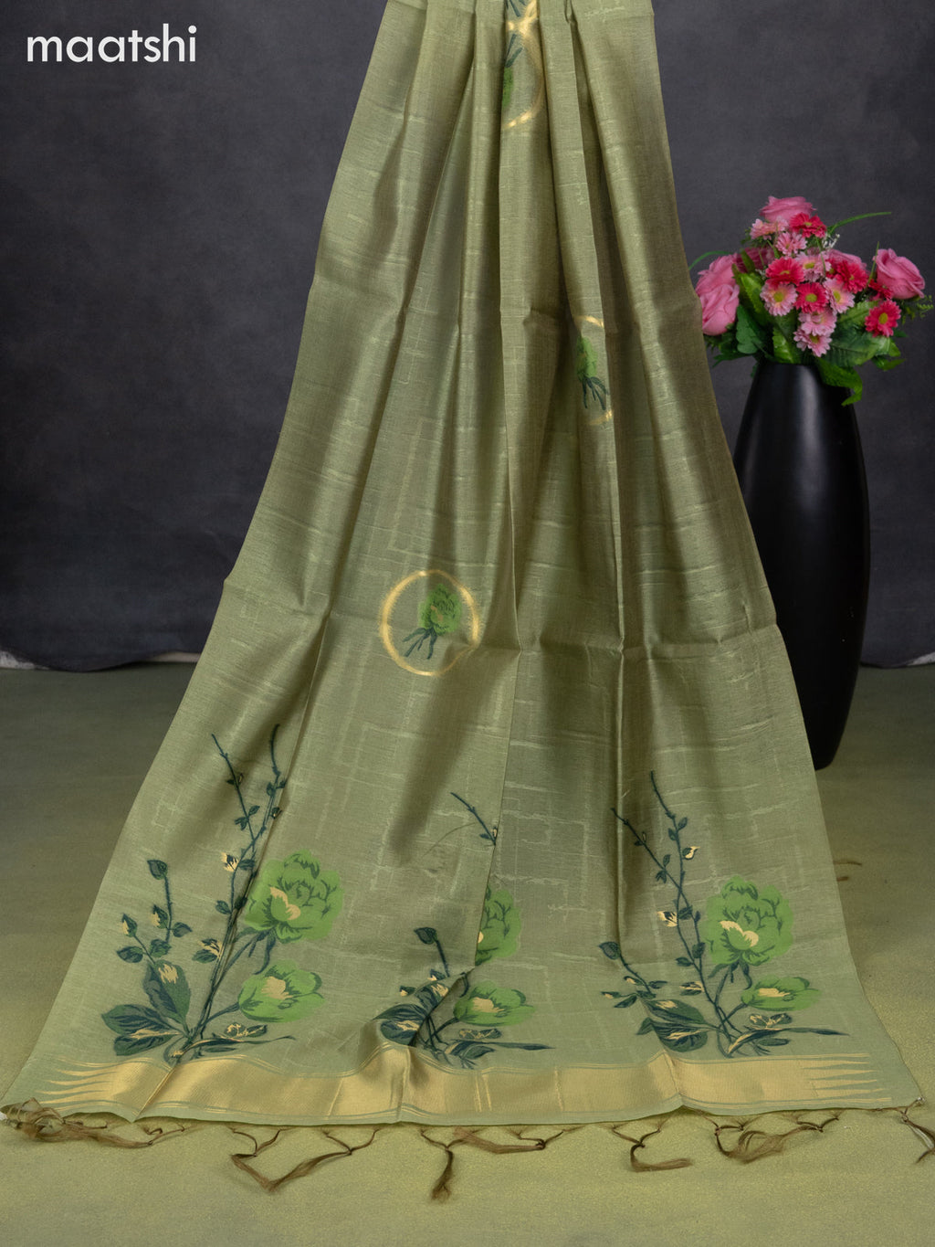 Semi tussar dress material green with thread & zari woven floral buttas and bottom & dupatta