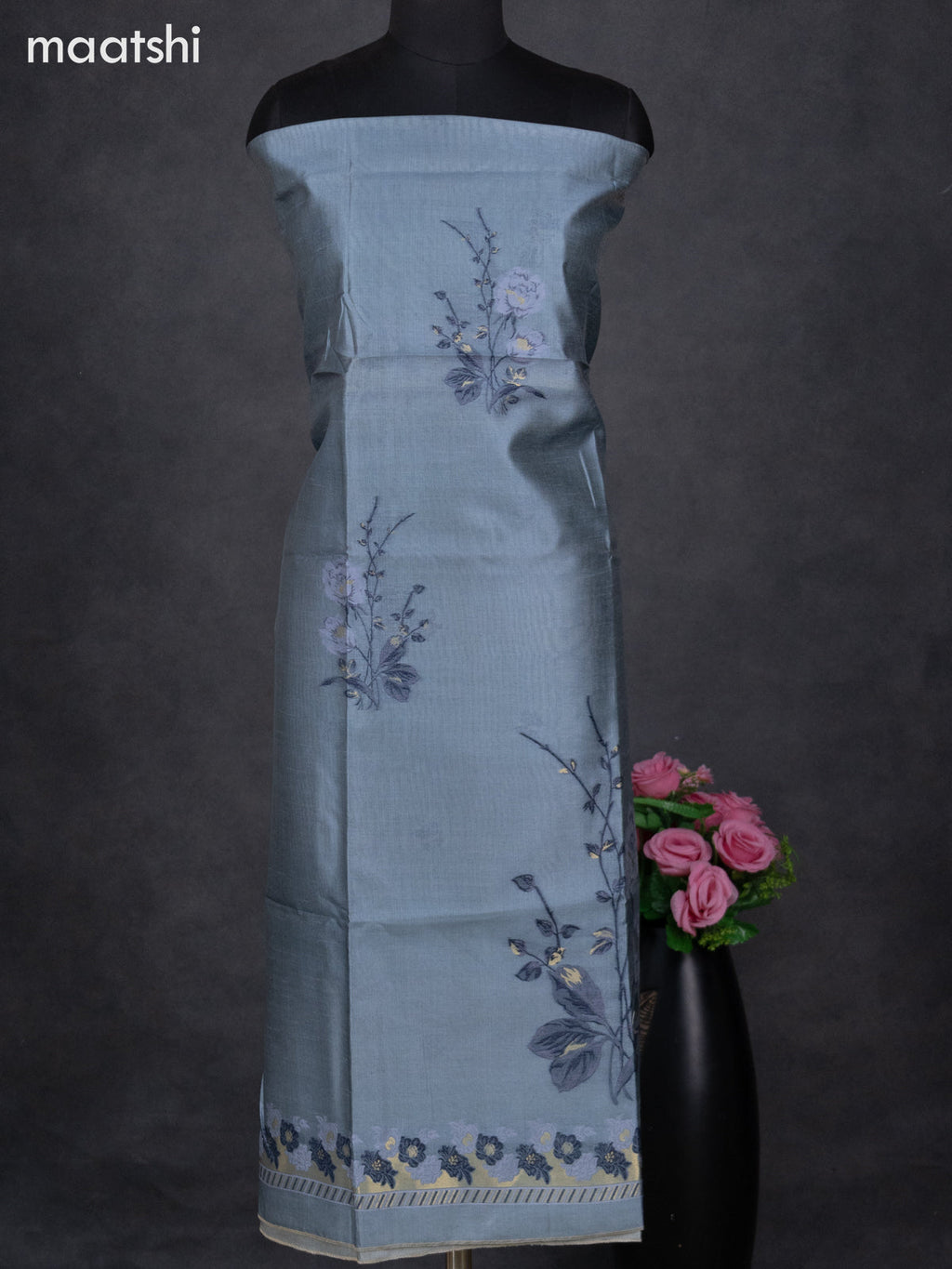 Semi tussar dress material bluish grey with thread & zari woven floral buttas and bottom & dupatta