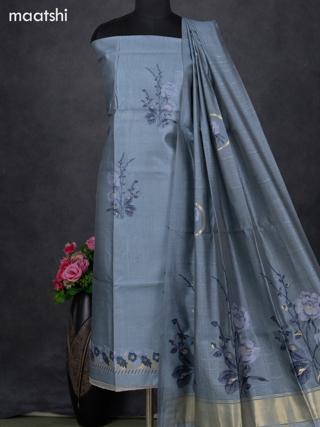 Semi tussar dress material bluish grey with thread & zari woven floral buttas and bottom & dupatta