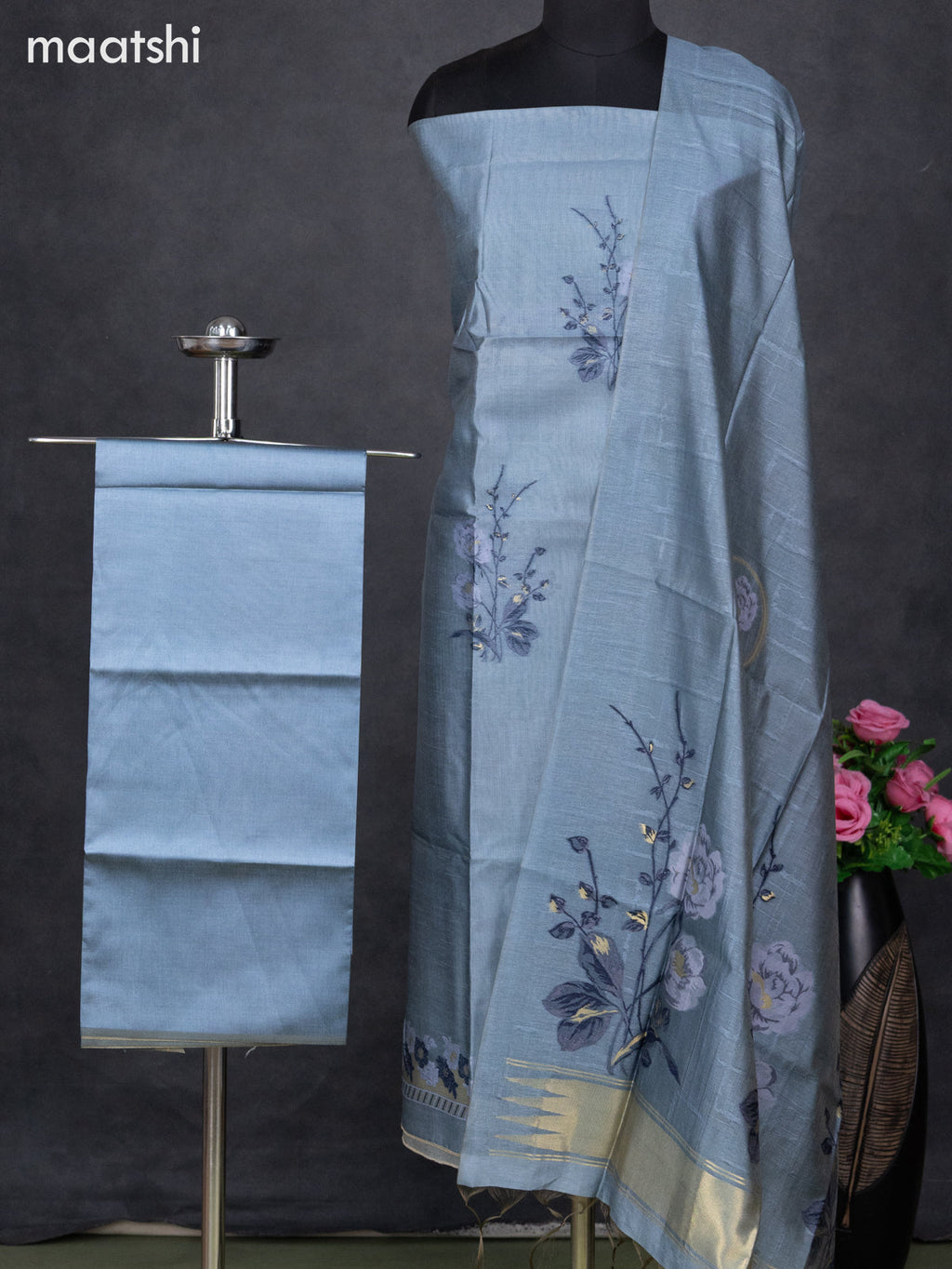 Semi tussar dress material bluish grey with thread & zari woven floral buttas and bottom & dupatta
