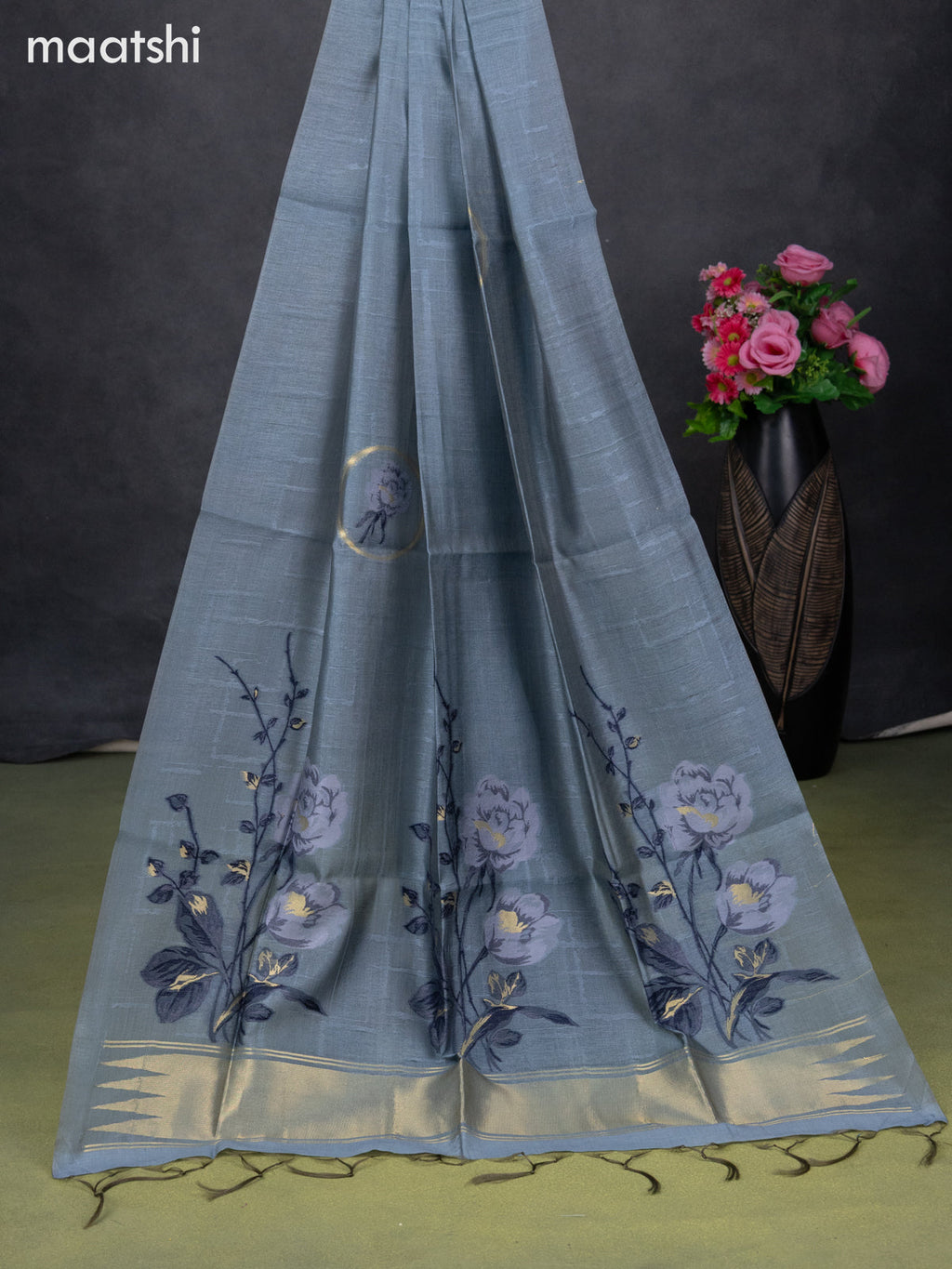 Semi tussar dress material bluish grey with thread & zari woven floral buttas and bottom & dupatta